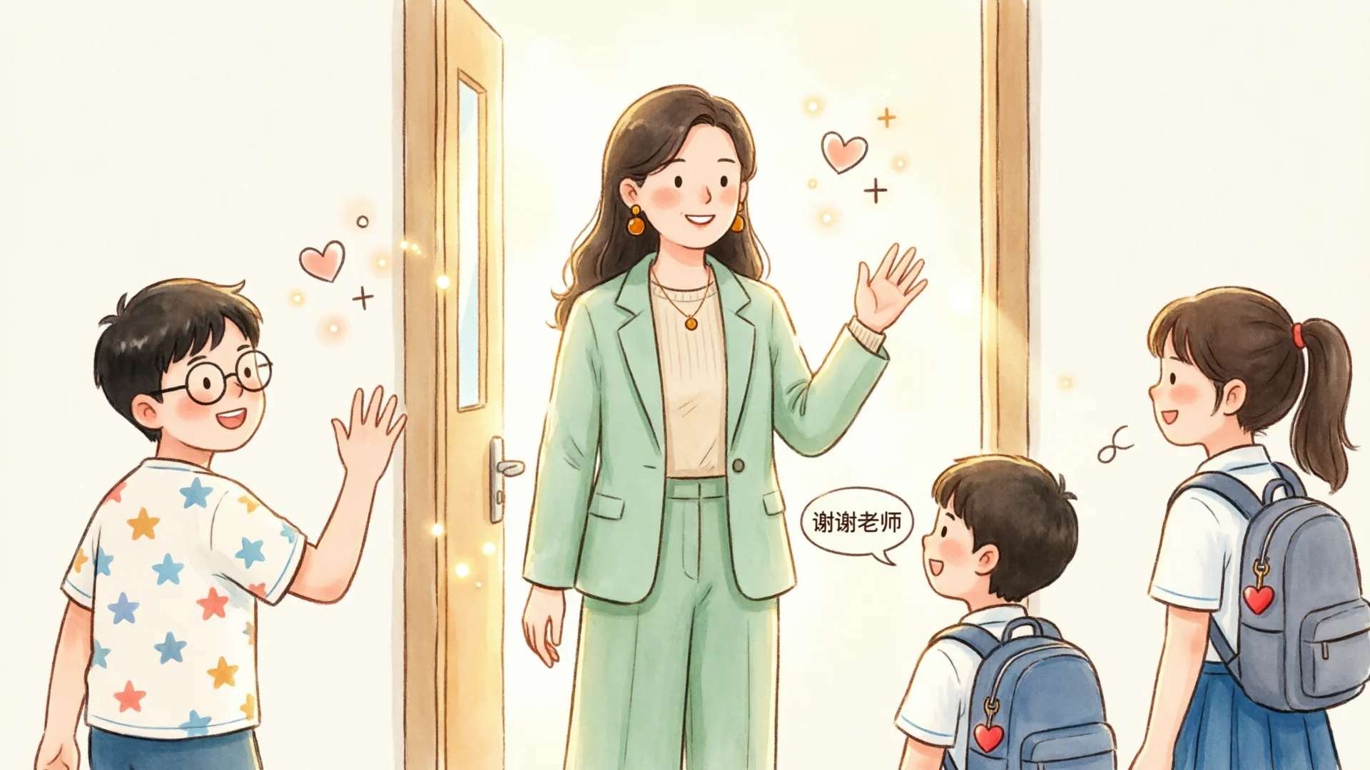 A teacher greeting students at the door after class with warm conversation and connection