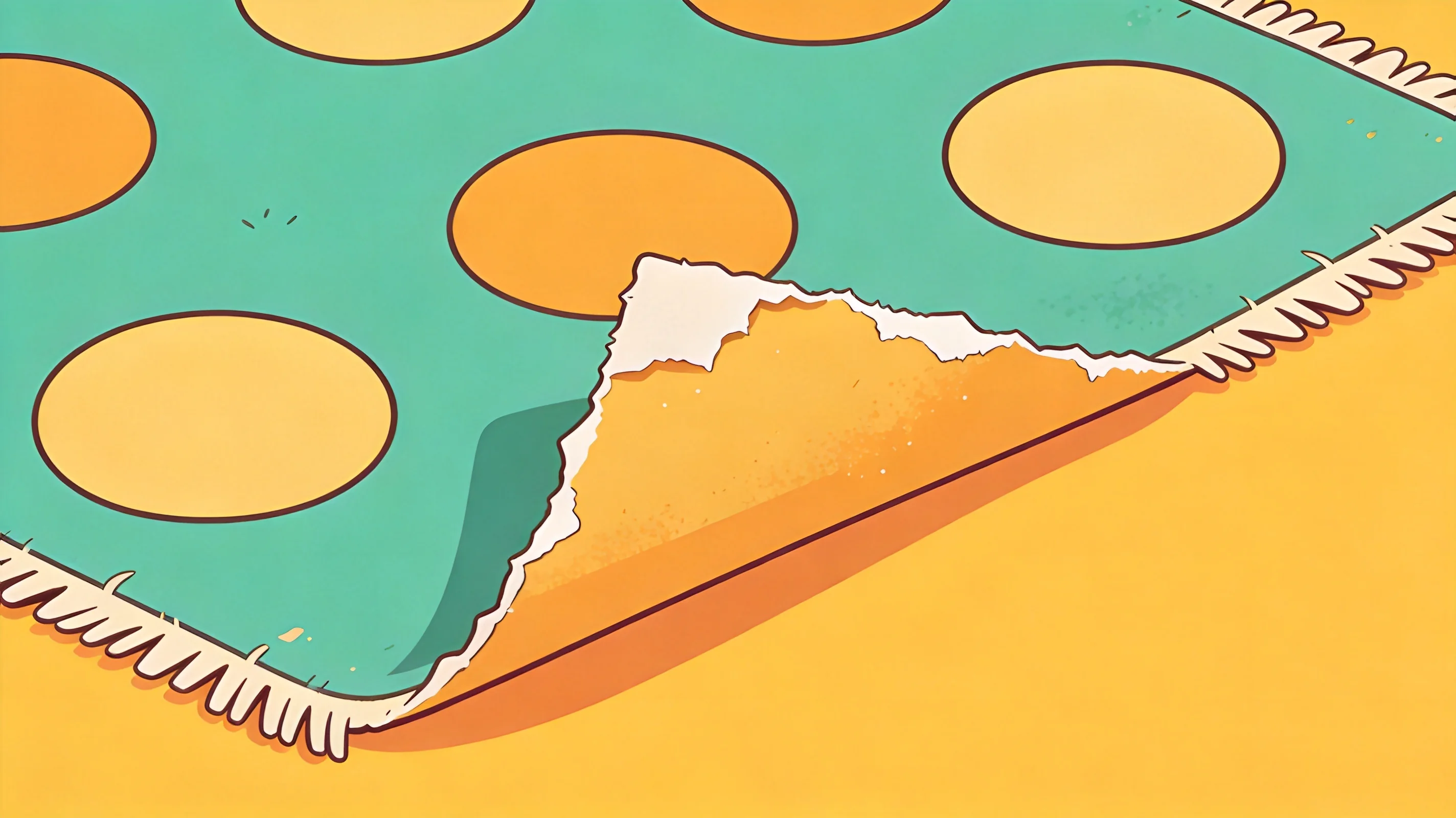 Cartoon illustration of a commercial studio mat with worn, fraying edges and a peeled corner