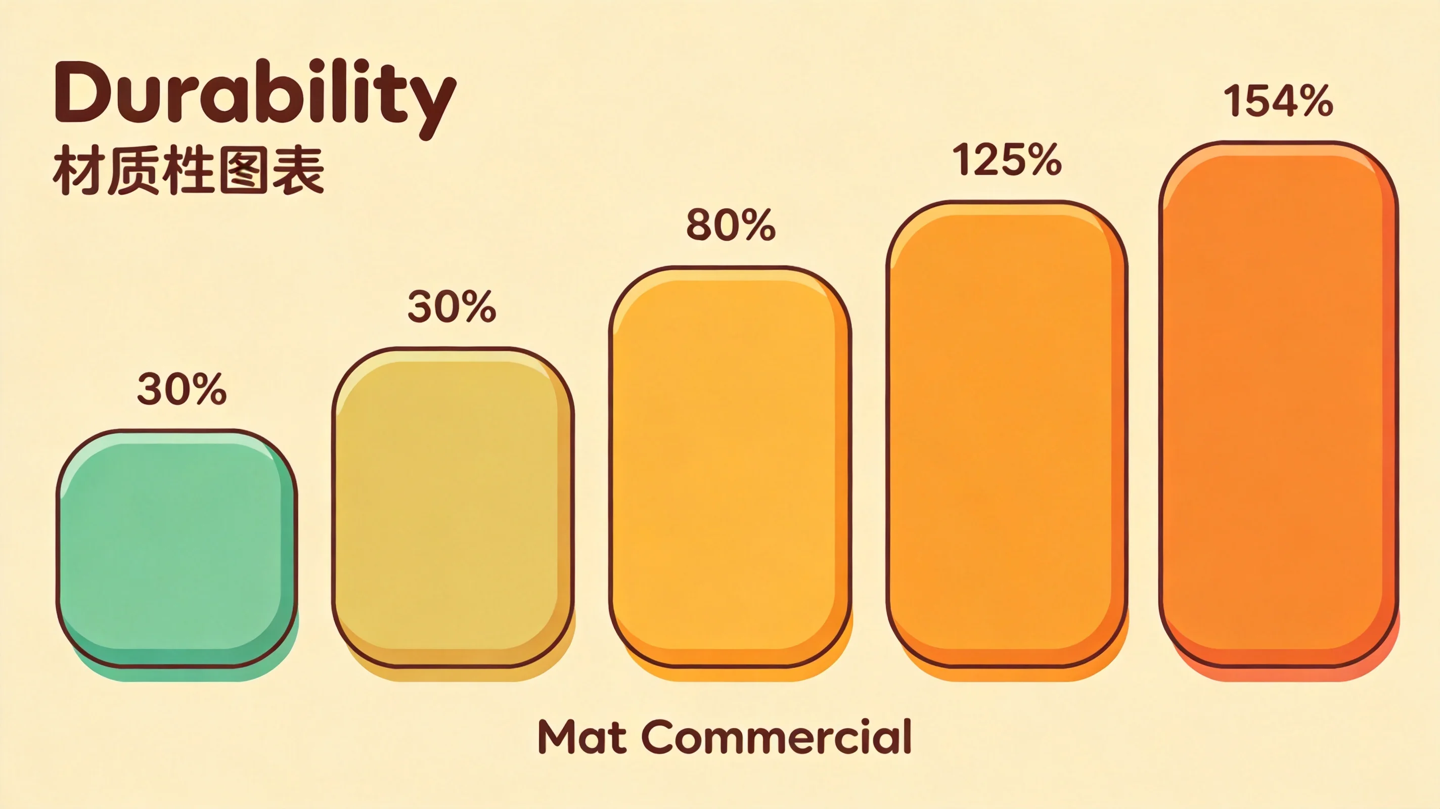 Cartoon illustration of a durability chart ranking mat materials by commercial lifespan