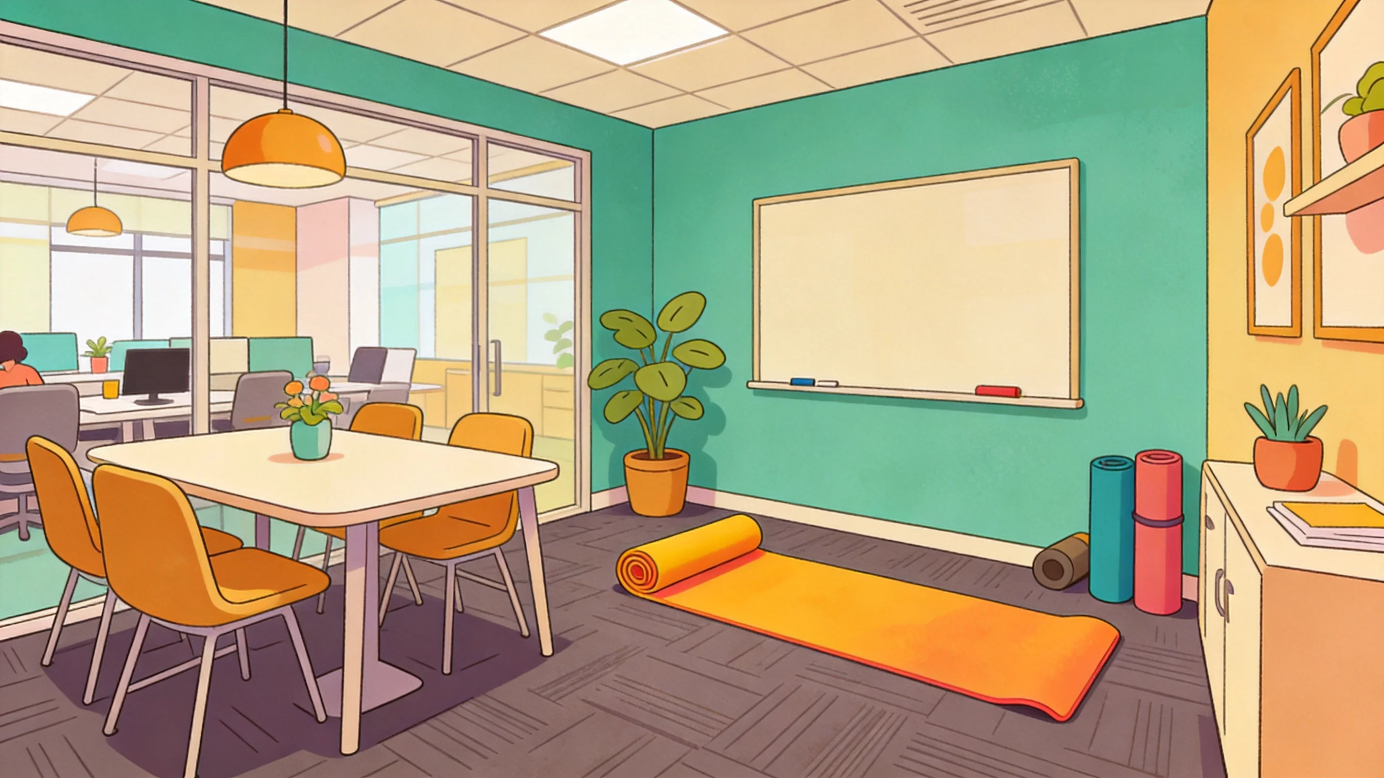 Cartoon illustration of an open-plan office with a bright yoga and stretching mat corner set up in a meeting room