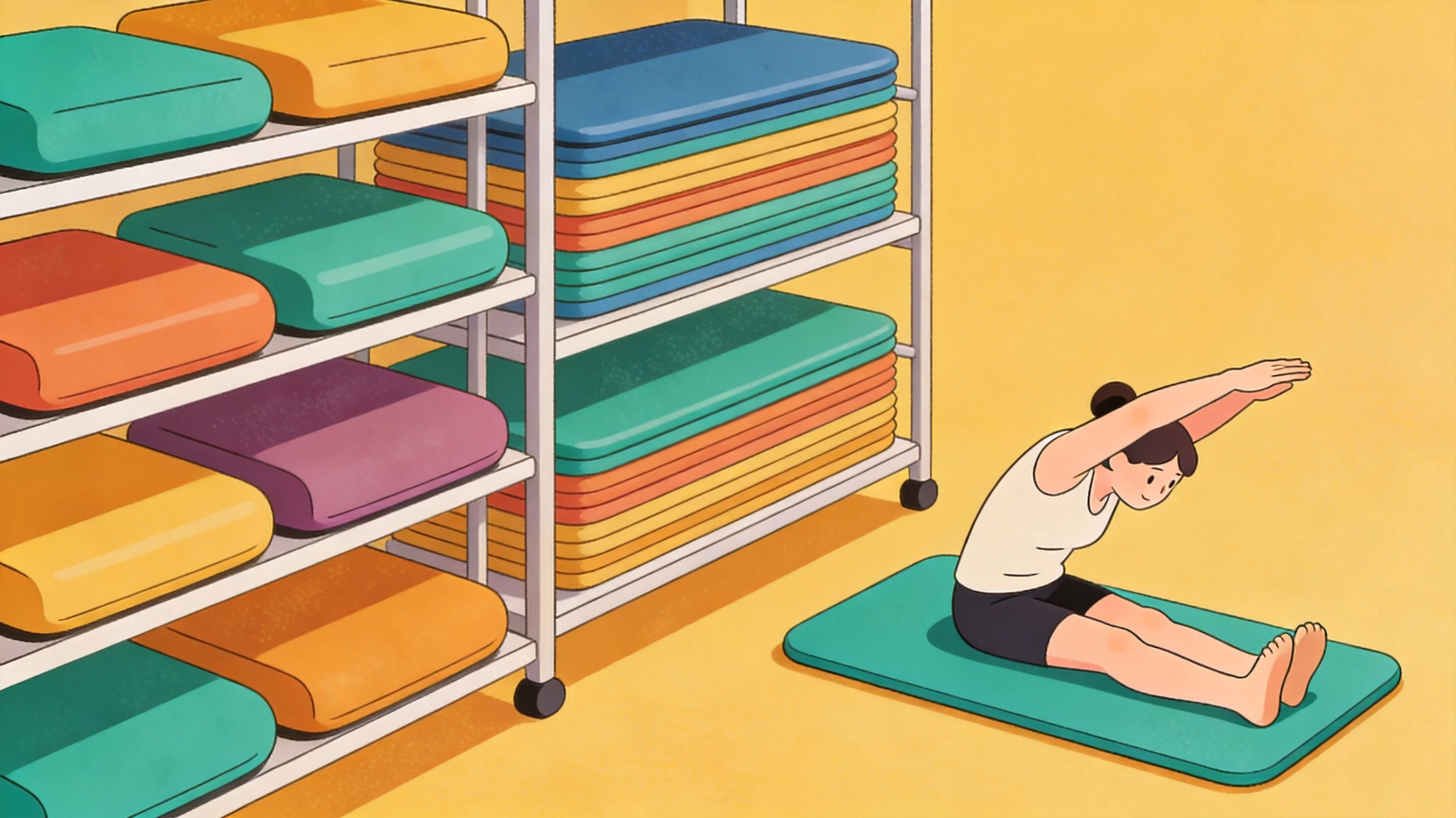 Cartoon illustration of a stack of colorful cushioned office mats beside a rack, with someone stretching on one