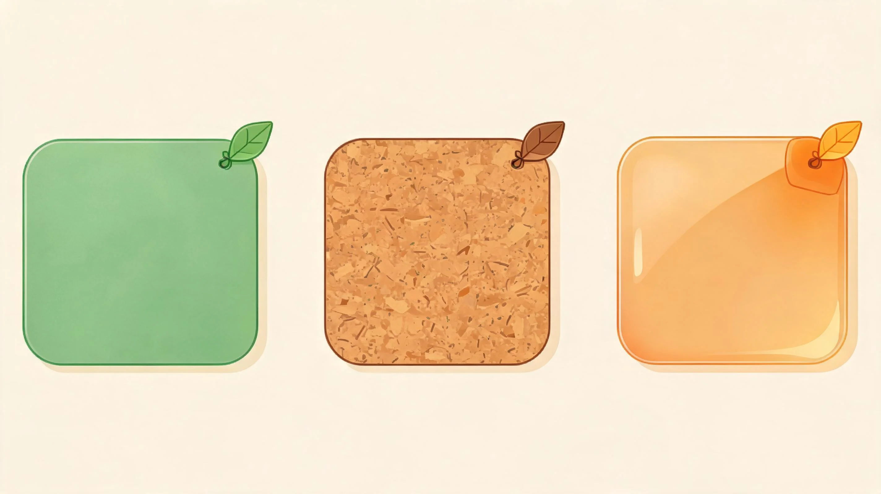 A calm flat lay of different mat materials with leaf icons