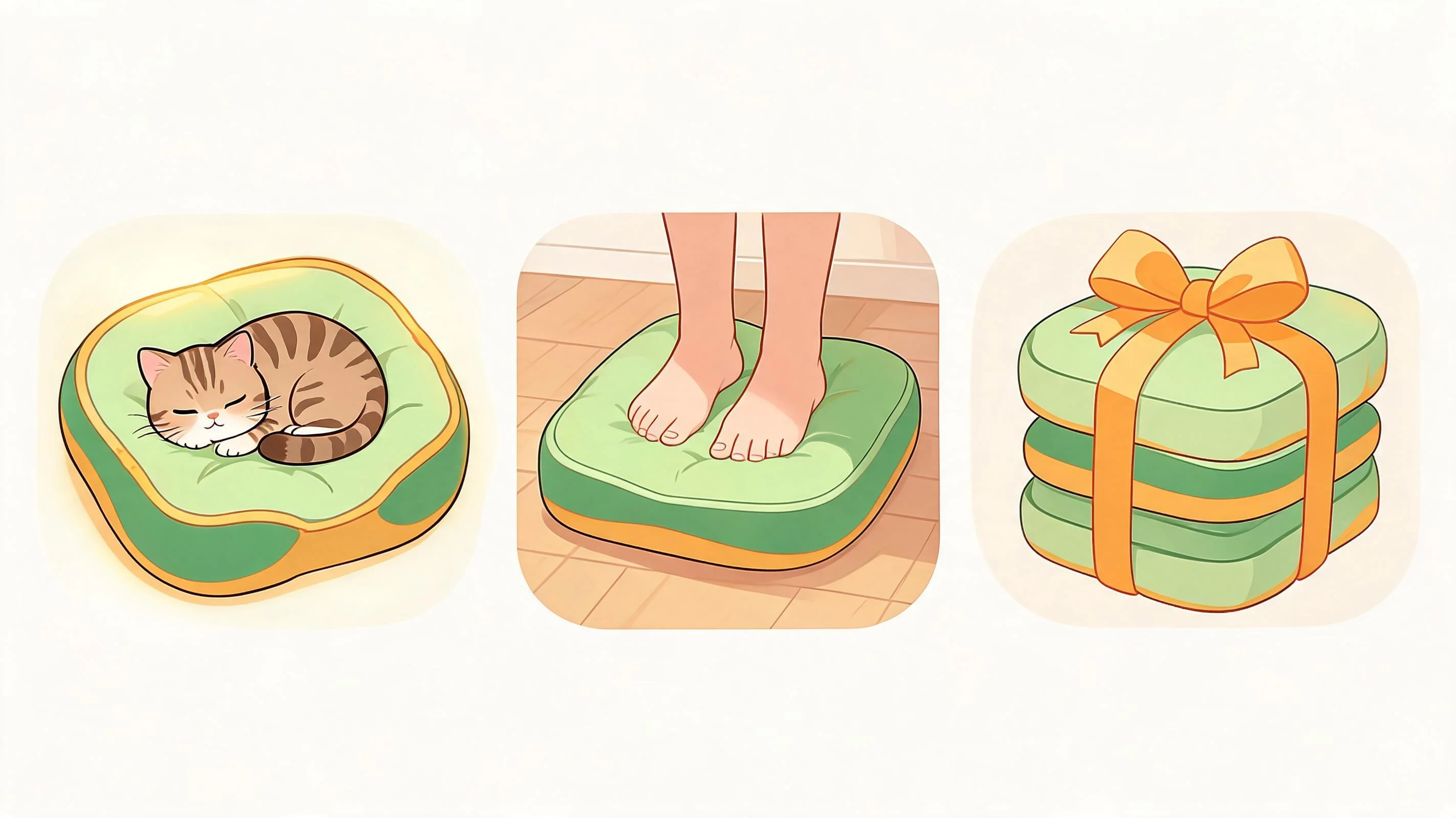 Icons showing a mat's second lives: pet bed, cushion, donated stack
