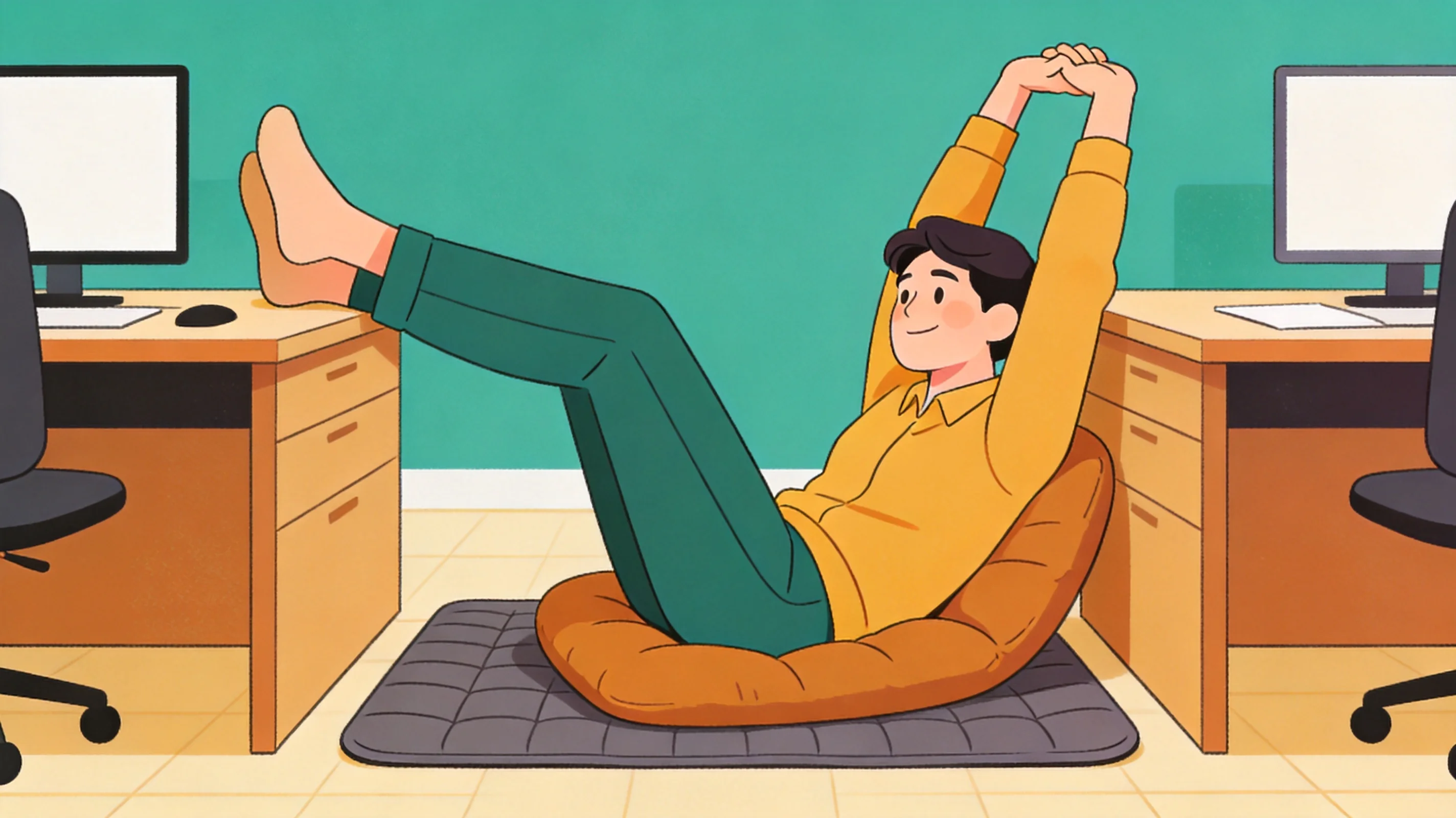 Cartoon illustration of an engaged office worker taking a comfortable stretch break on a cushioned mat between desks