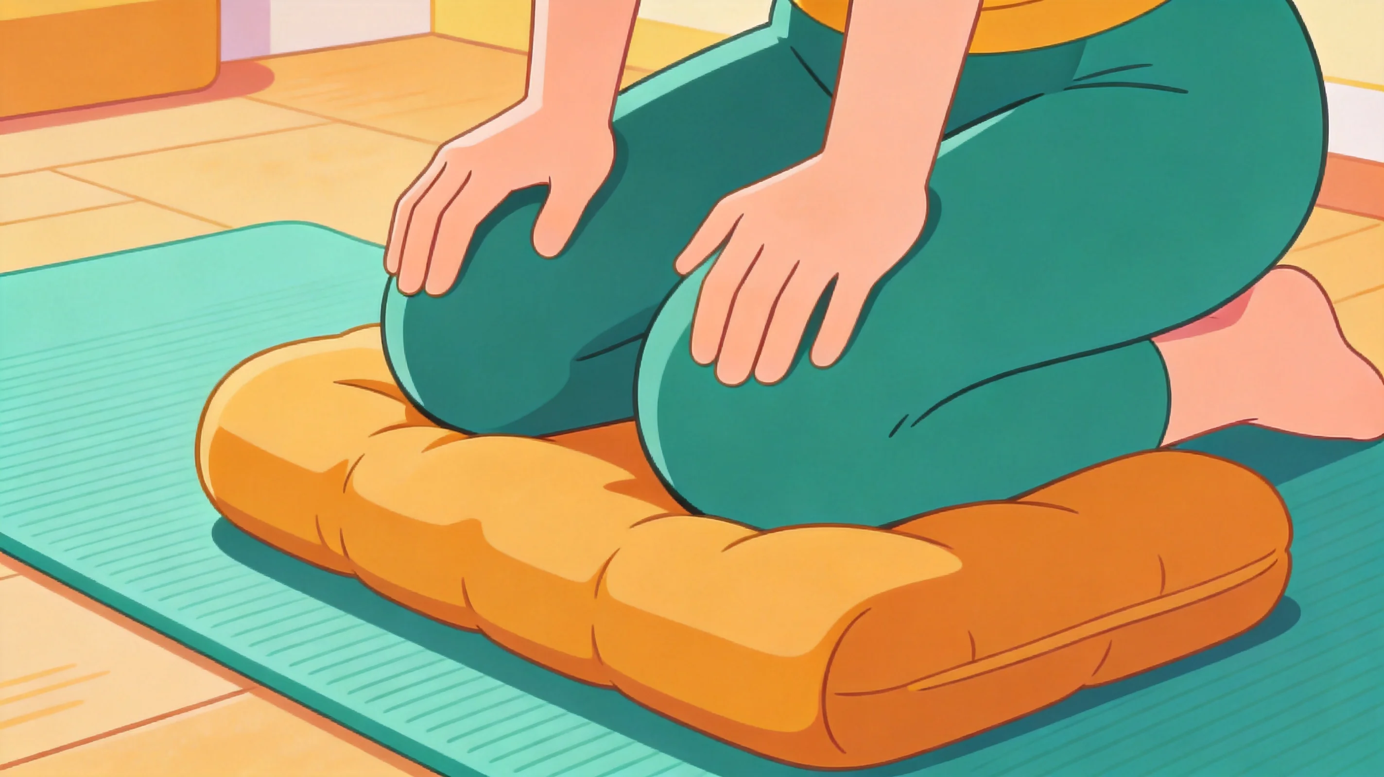 Illustration cartoon d'un gros plan de tapis d'exercice épais et amorti offrant un soutien confortable aux genoux pendant les étirements au sol