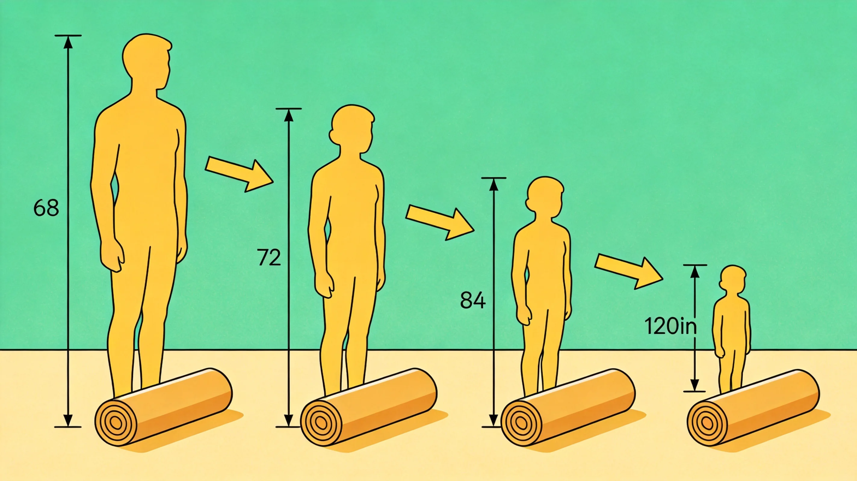 Ein Größendiagramm zeigt empfohlene Mattenlängen von 173 bis 305 cm