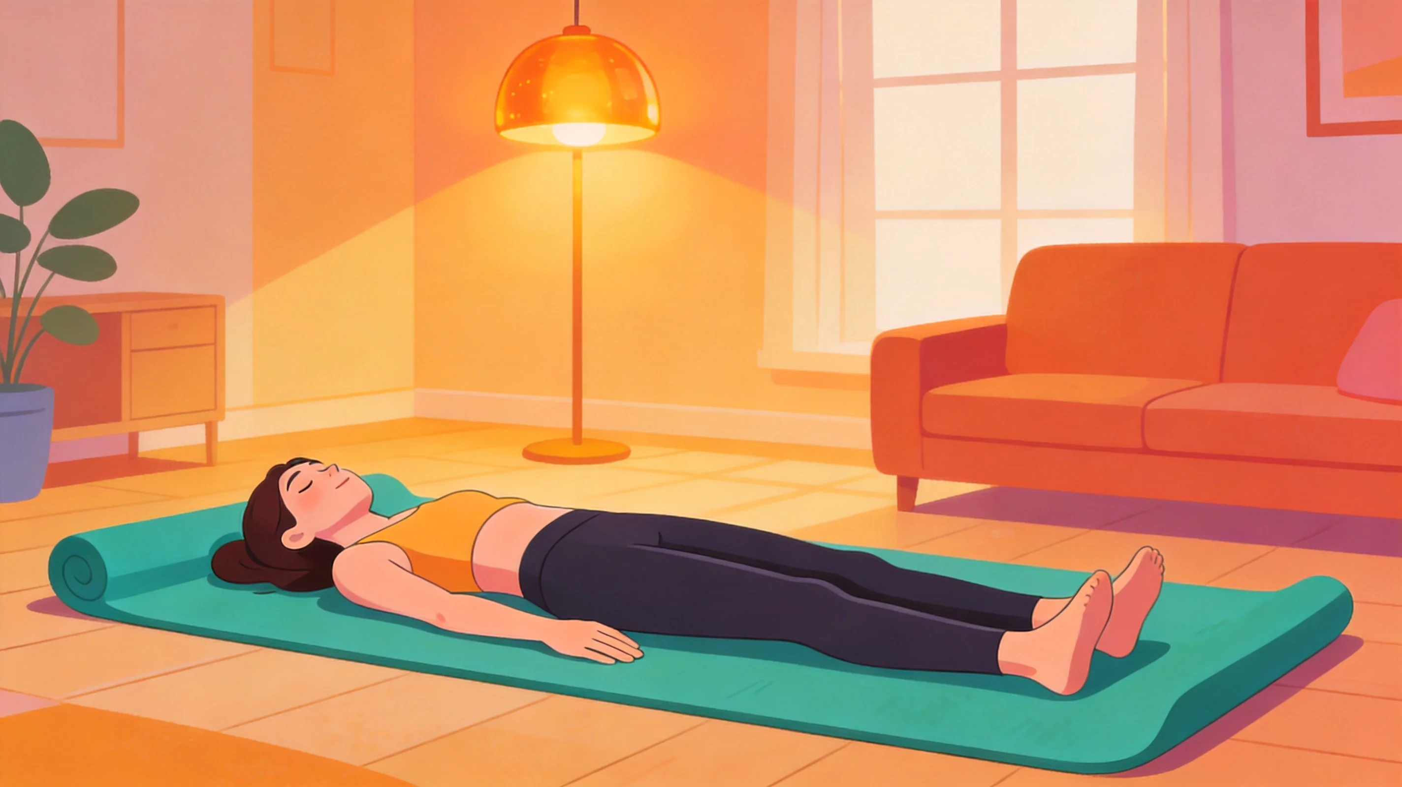 Eine sehr große Person liegt entspannt in der Savasana, voll gestützt auf einer übergroßen extralangen Matte zu Hause