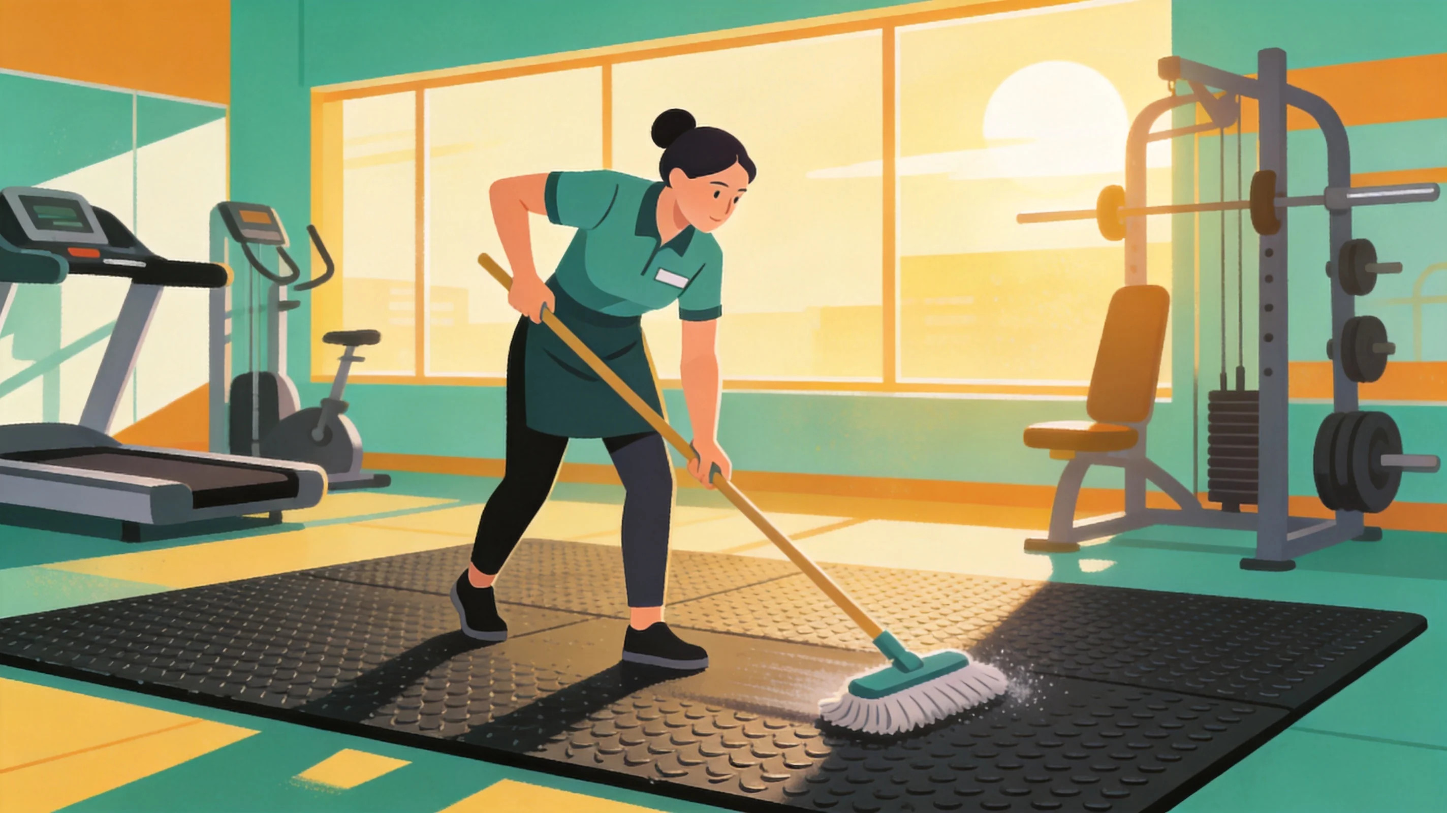 Cartoon illustration of a gym staff member dust mopping a large rubber mat floor early in the morning