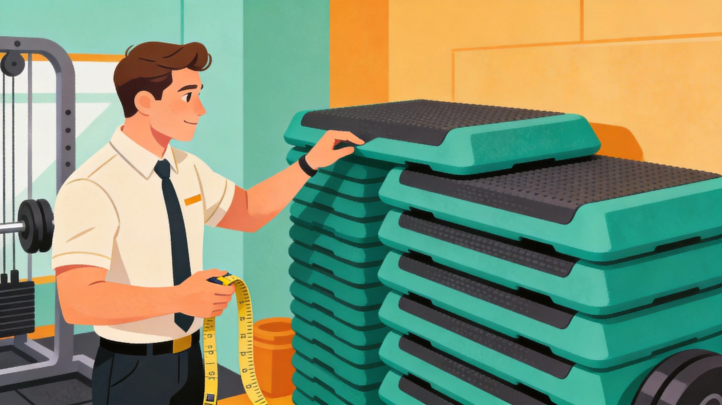 Cartoon illustration of a gym owner reviewing a large stack of bulk floor mats and measuring tape