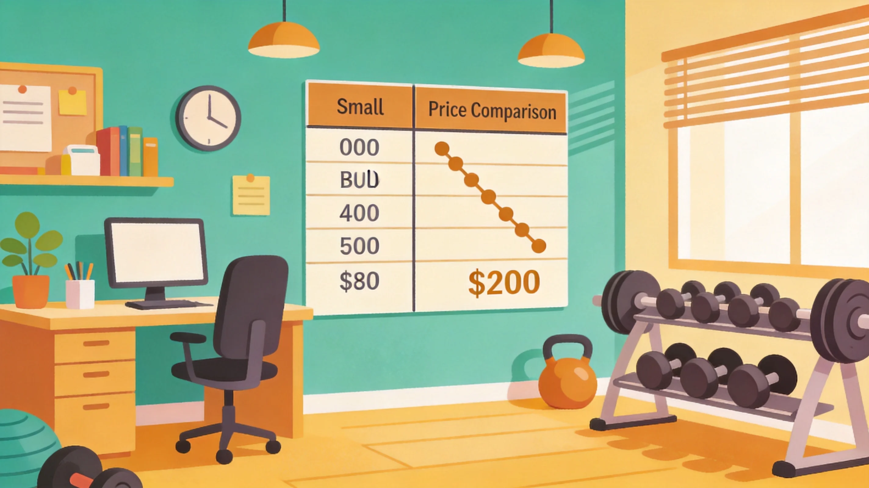 Cartoon illustration of a wholesale price chart comparing mats at small and large order quantities