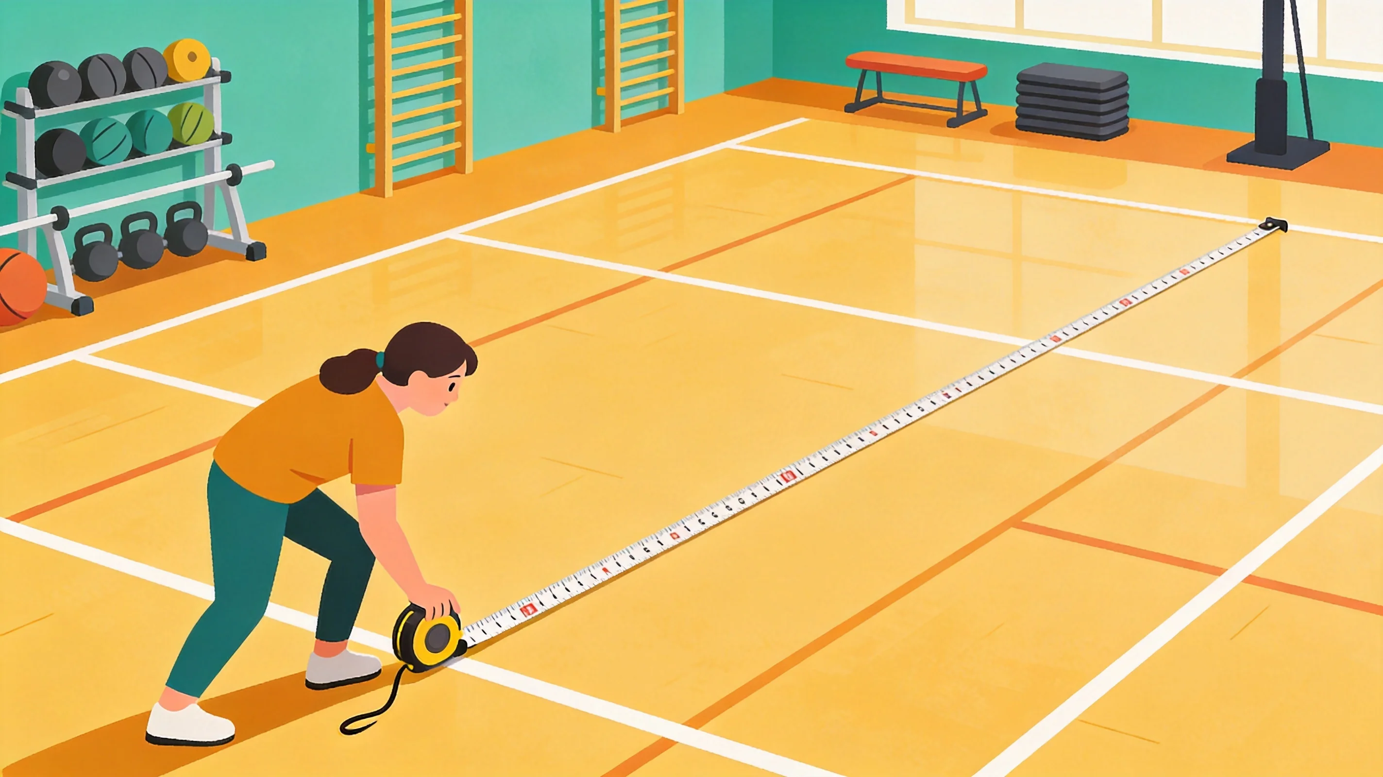 Cartoon illustration of a person measuring the length and width of an empty gym floor with a long tape measure