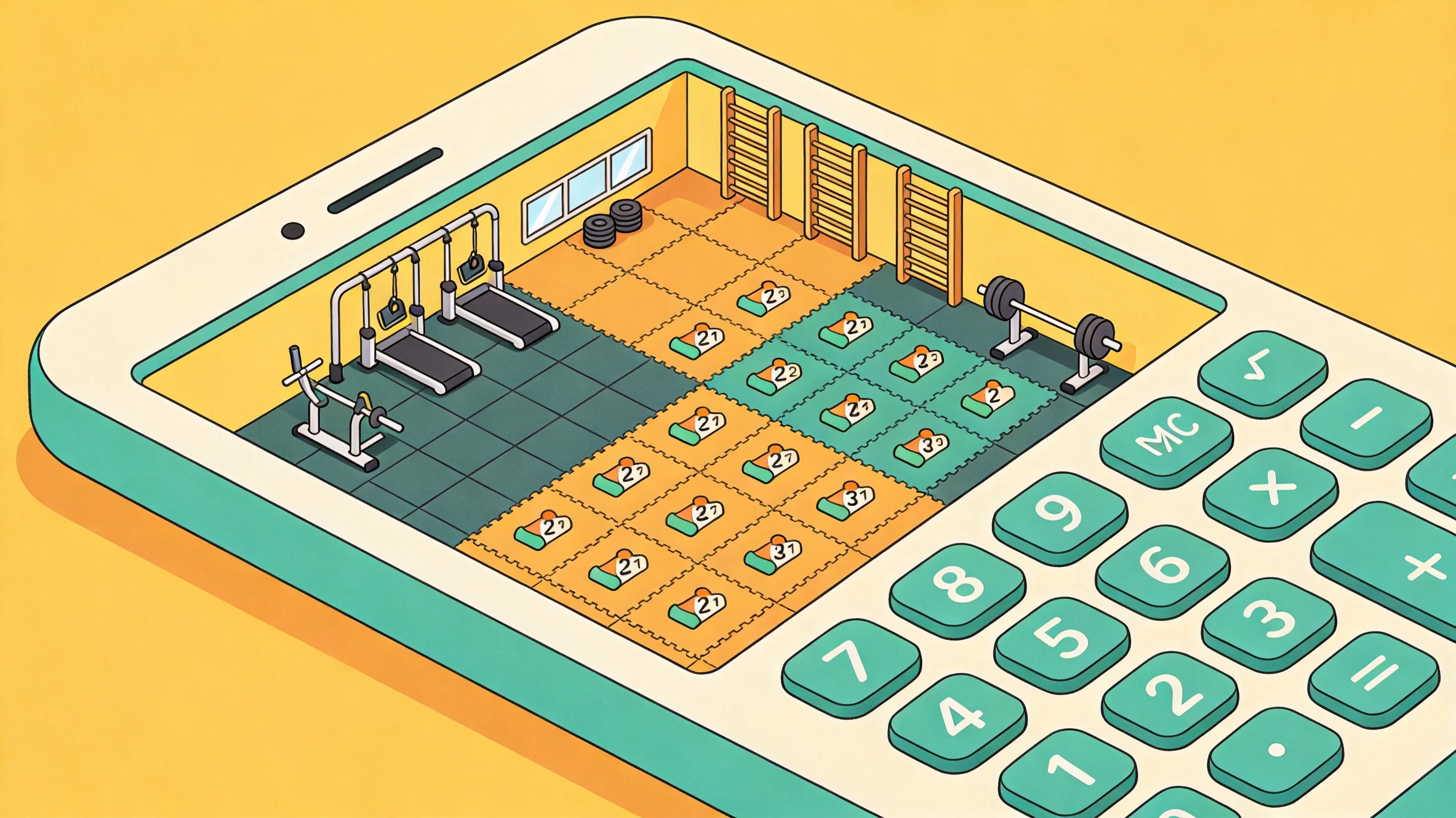 Illustration cartoon d'une calculatrice sur tablette montrant une zone de gym divisée par la couverture de tapis avec le nombre de tapis résultant