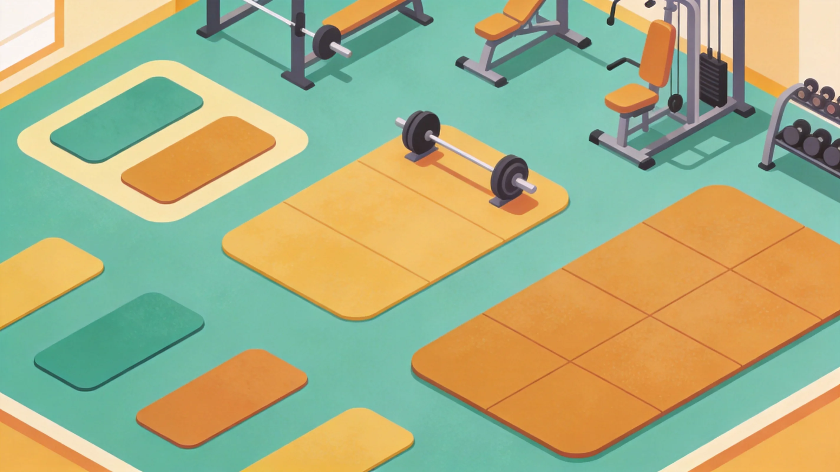 Ilustración cartoon de un mapa de zonas de gimnasio codificado por colores con tapetes de distinto tamaño para práctica, fuerza y equipo