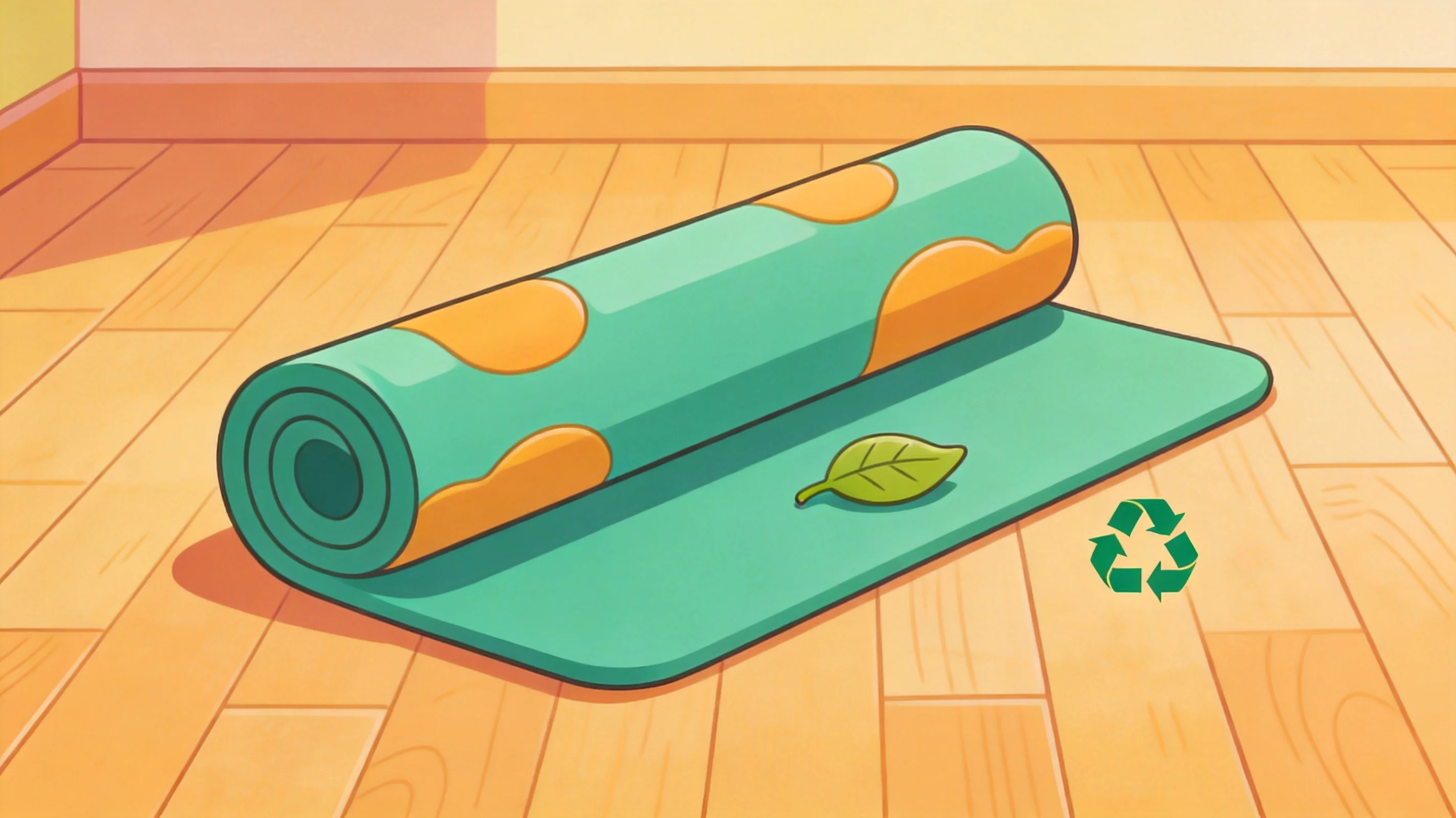 Un tapis enroulé à côté d'une feuille écologique et d'un symbole de recyclage