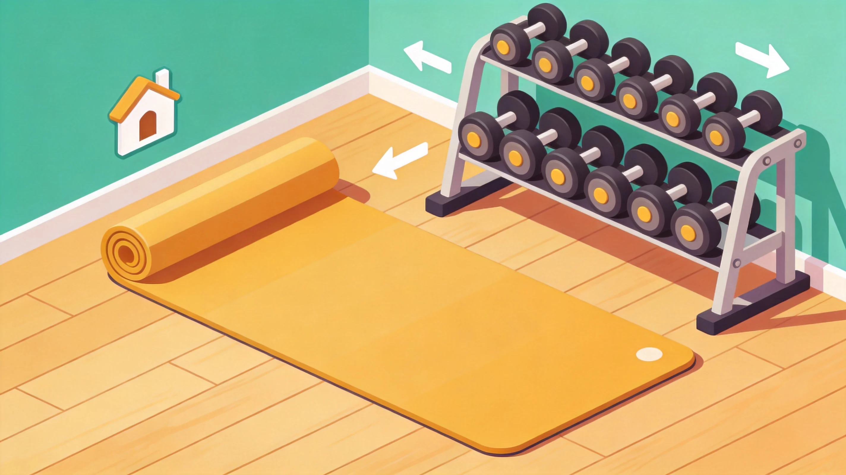 Un coin de home gym ordonné avec un grand tapis sur un sol en bois