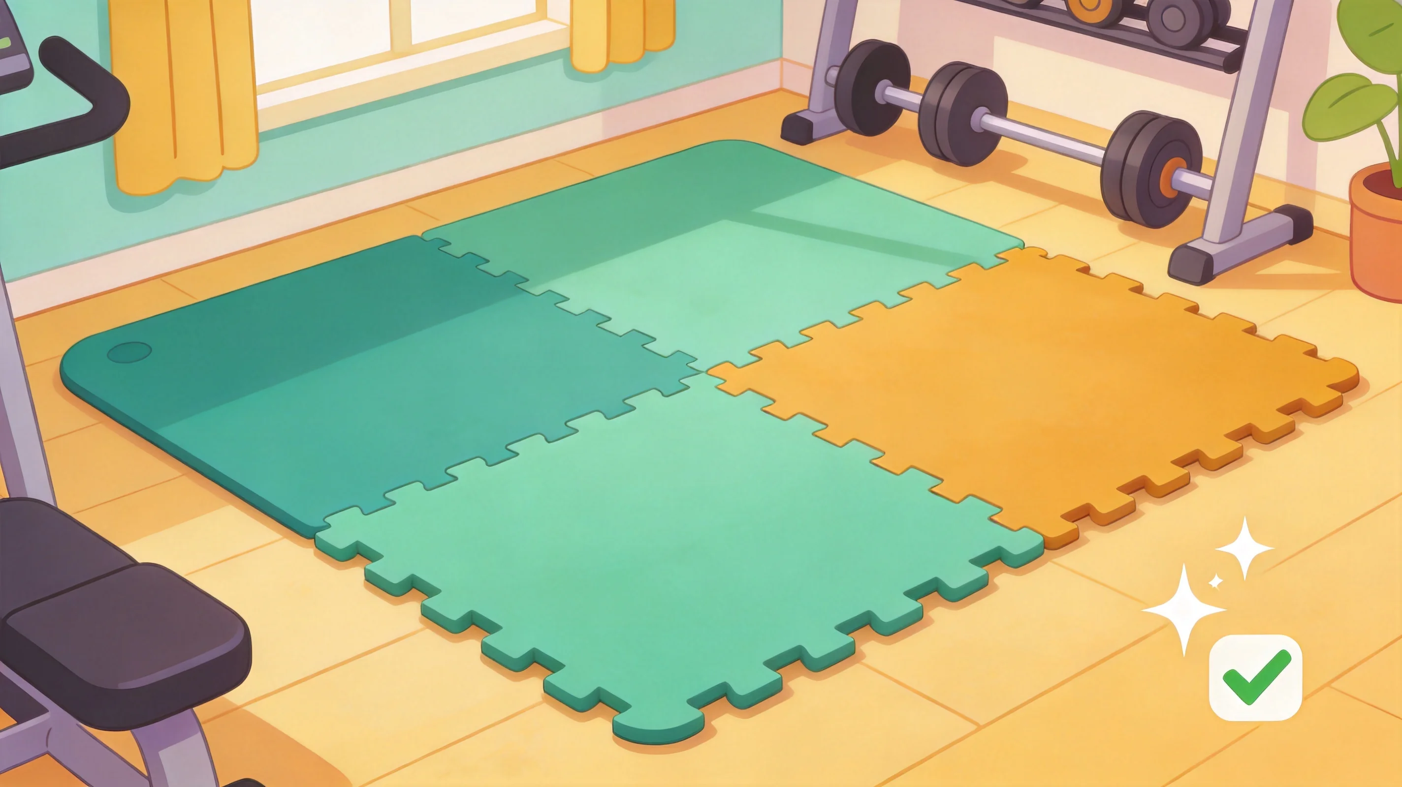 A complete home gym floor with mats and tiles in place
