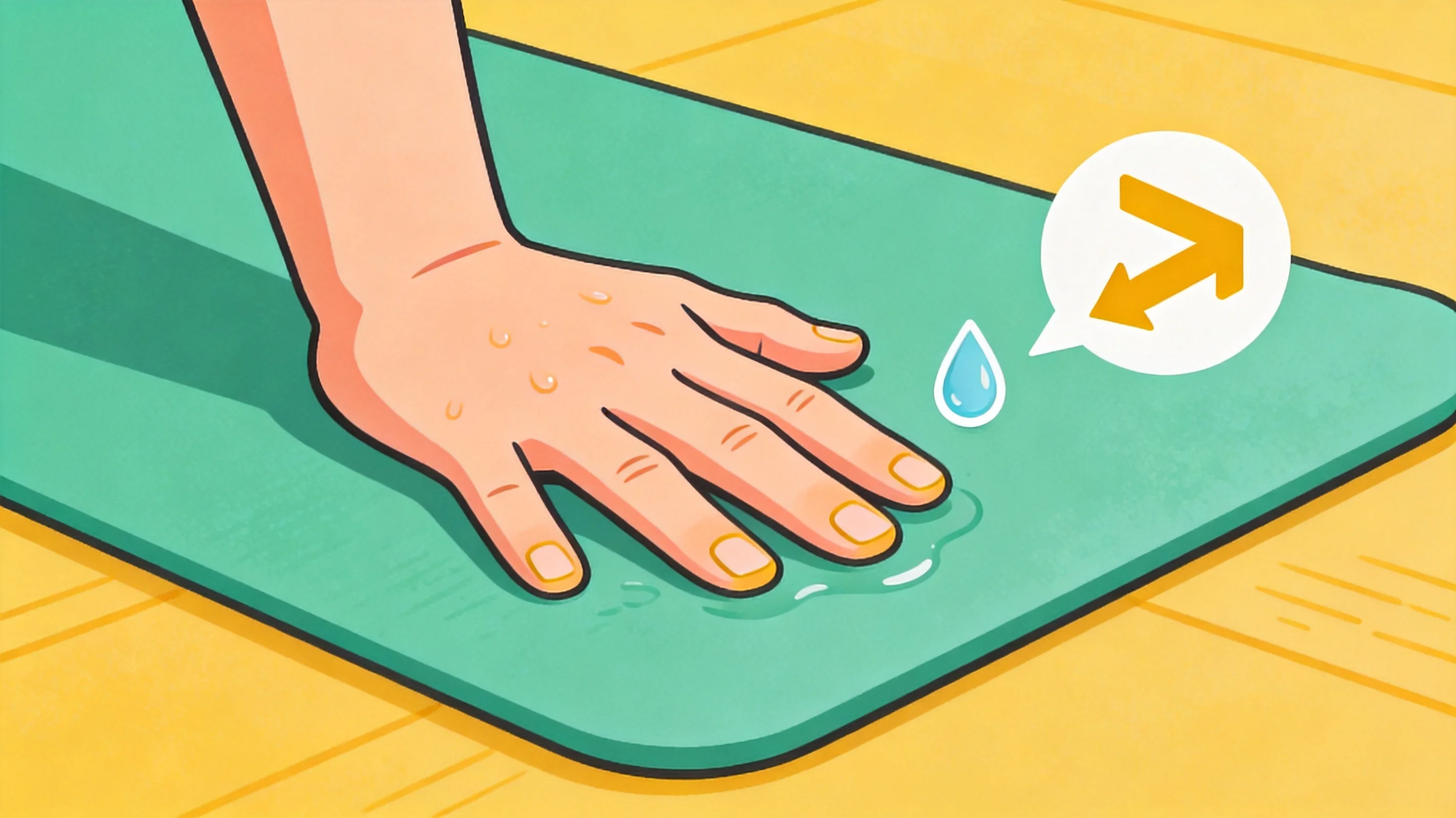 A person's hands slipping on a sweaty smooth yoga mat