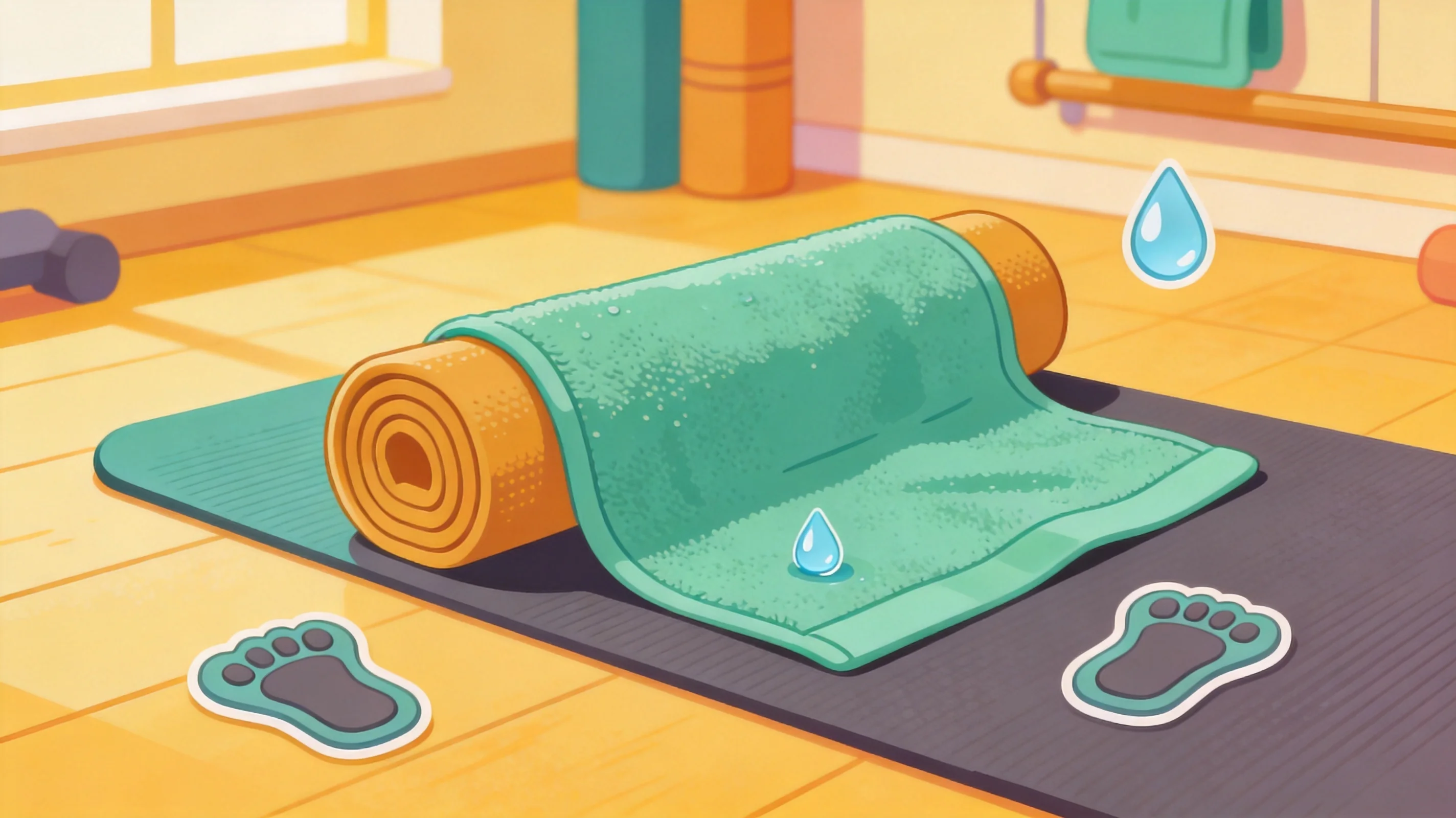 Una toalla de yoga colocada sobre una esterilla durante una sesión caliente con gotas de agua