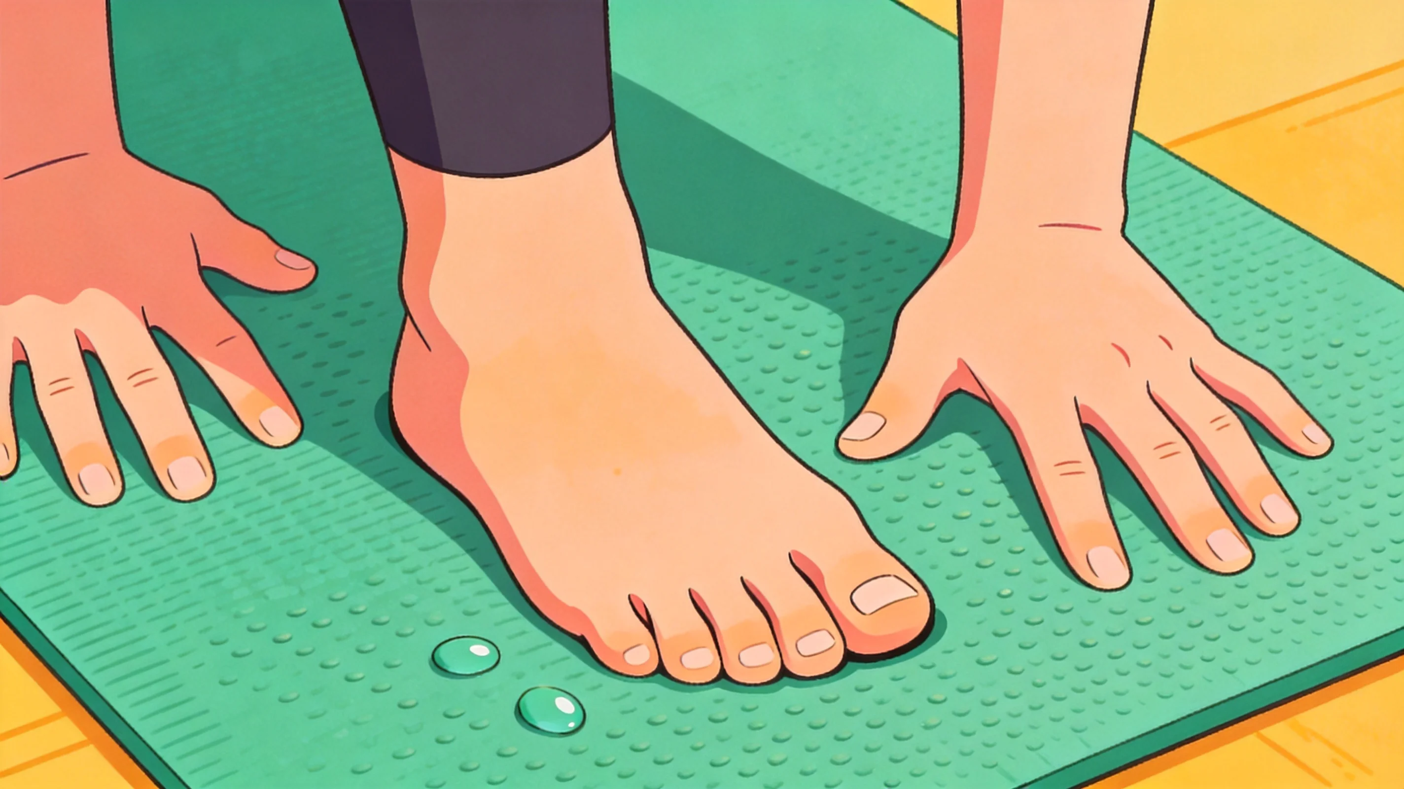 Hands and feet stable on a textured grippy yoga mat in a warm humid studio