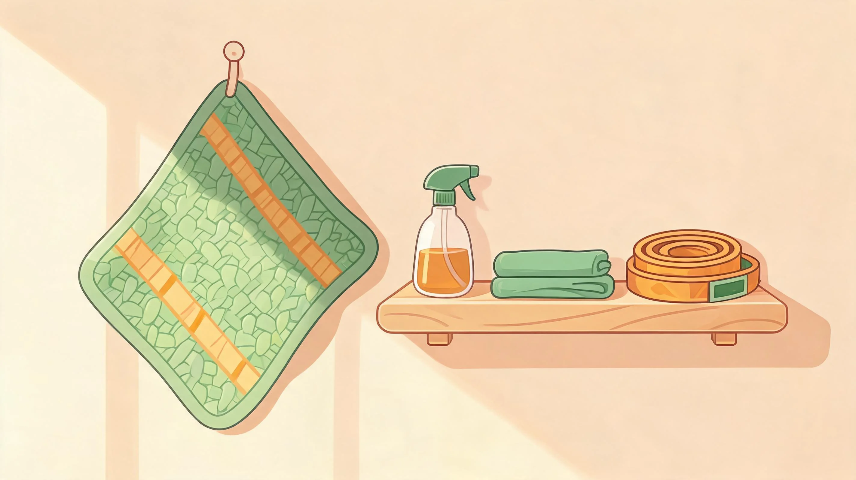 A mat hanging to dry in shade with care items nearby: cloth, spray bottle, strap