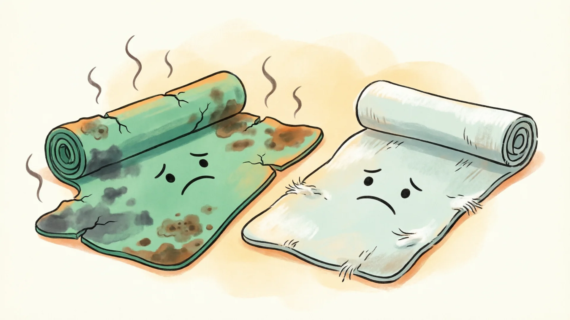 Two mats compared: one grimy from neglect, one faded from harsh cleaning
