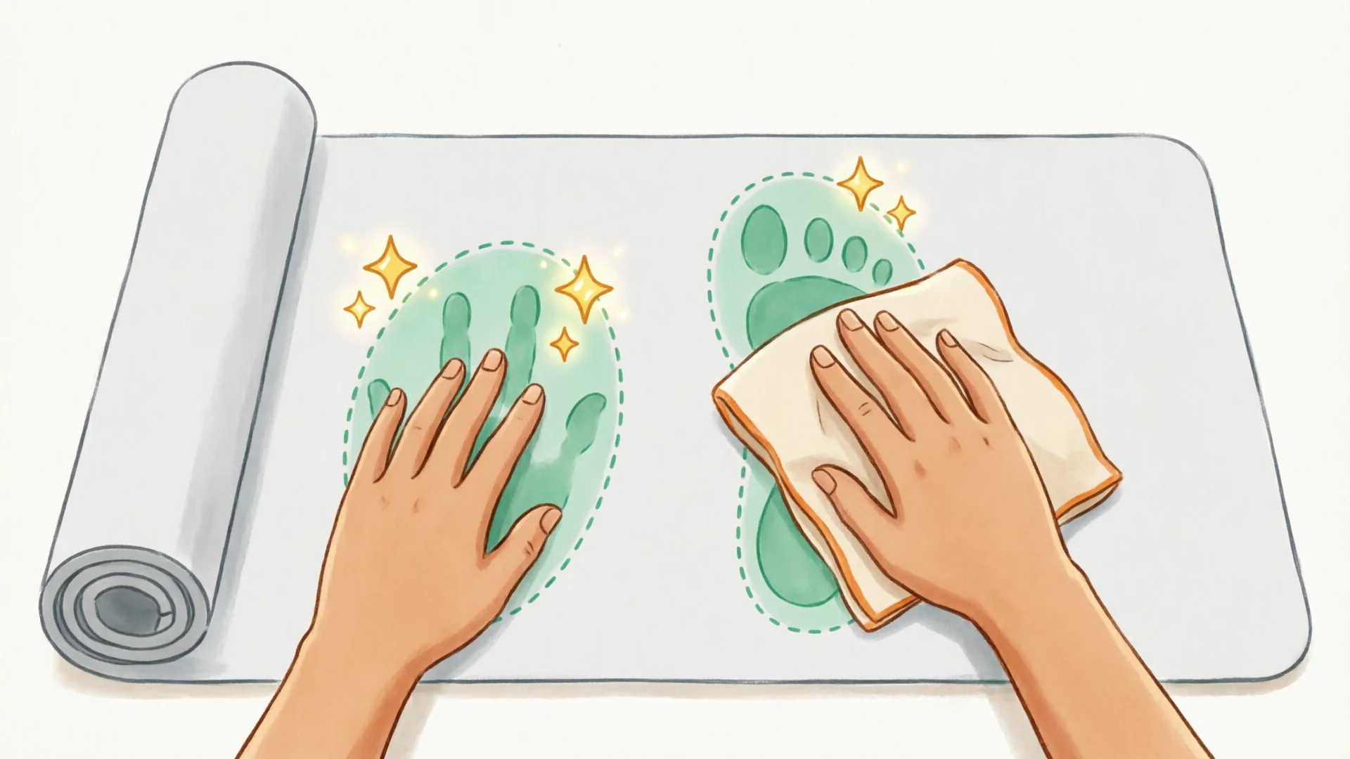 Hands wiping the high-use hand and foot zones of a laid-out mat with a cloth