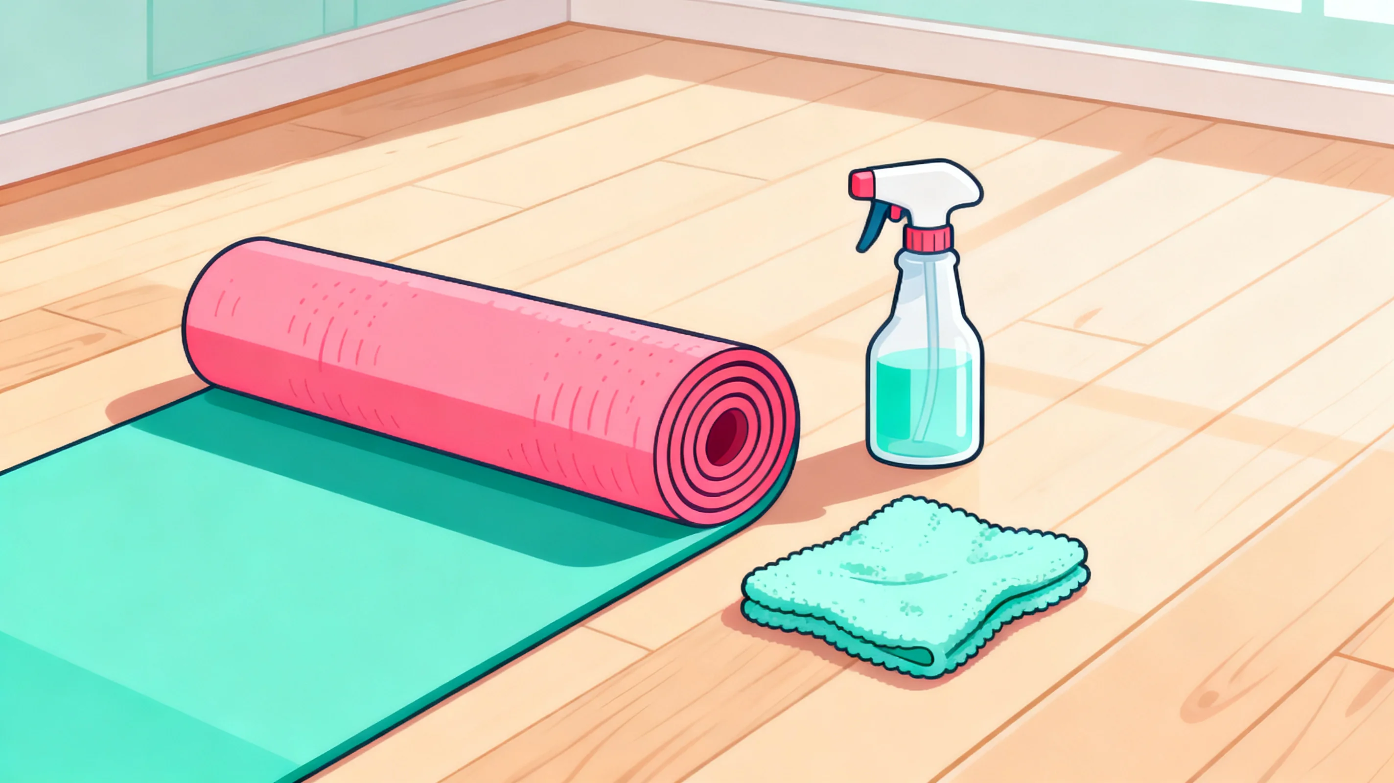 Flat-lay of a rolled yoga mat next to a spray bottle and soft cloth