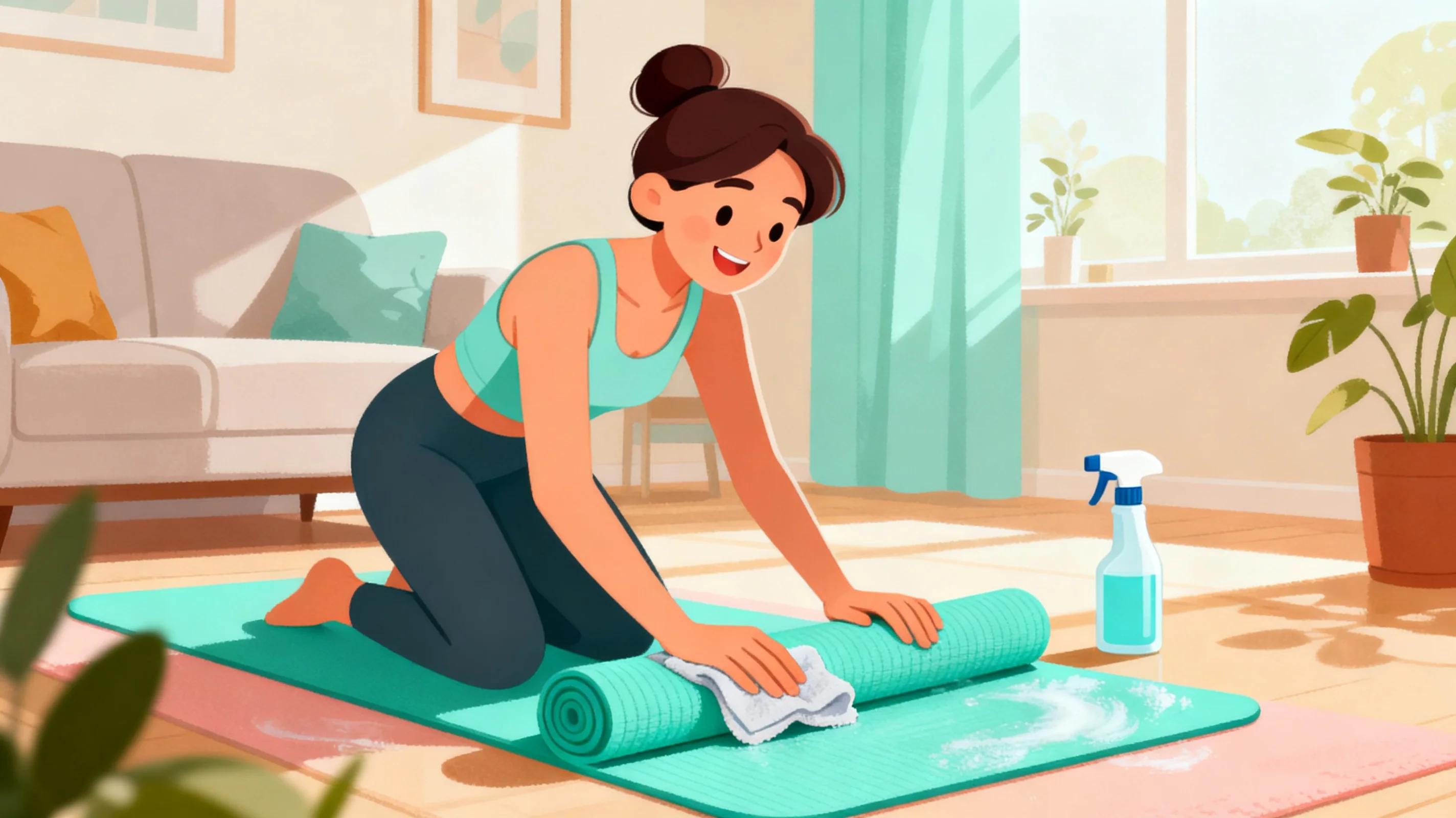 Person wiping a yoga mat with a soft cloth
