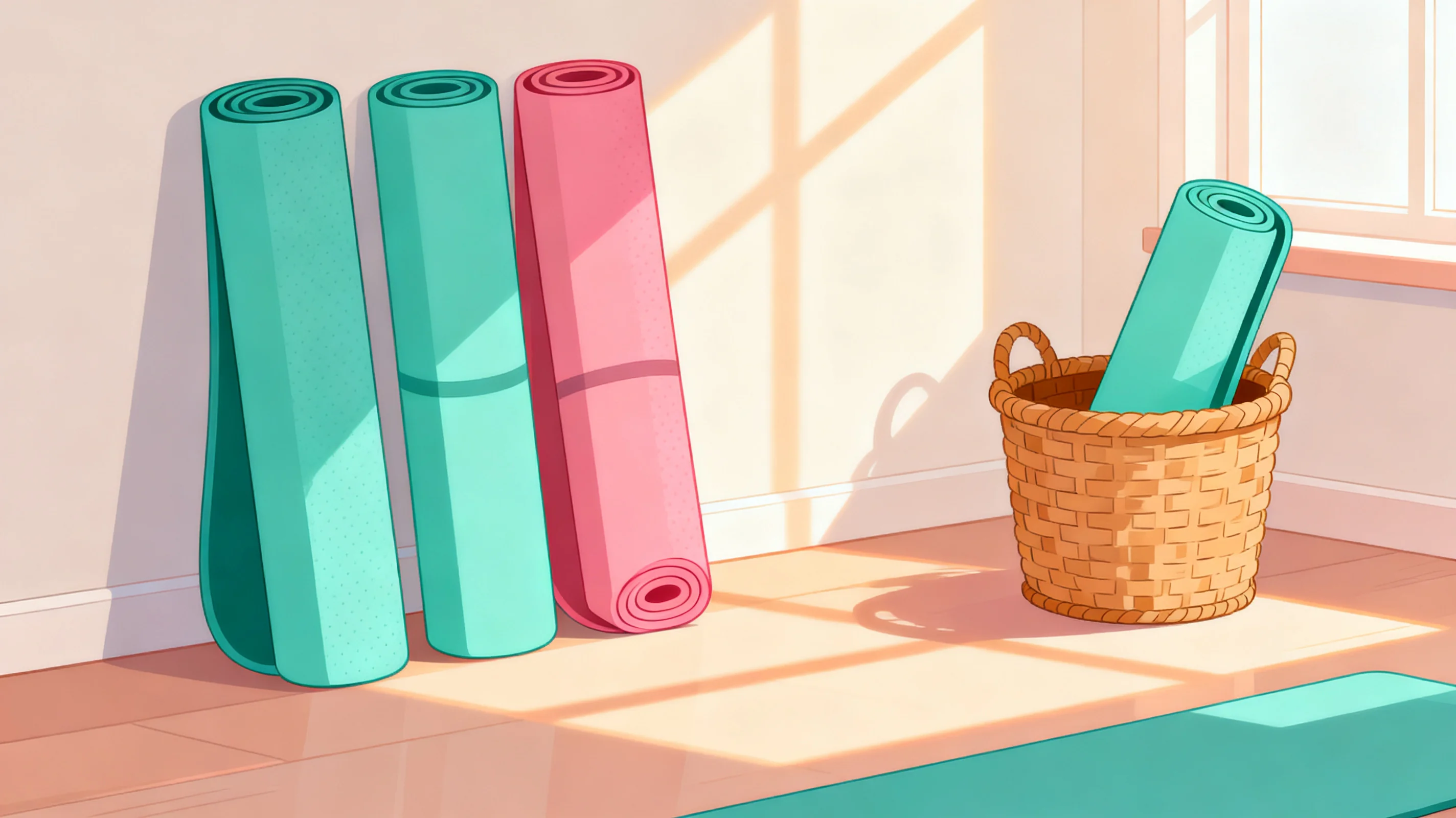 Rolled yoga mats leaning against a wall in a clean bright room