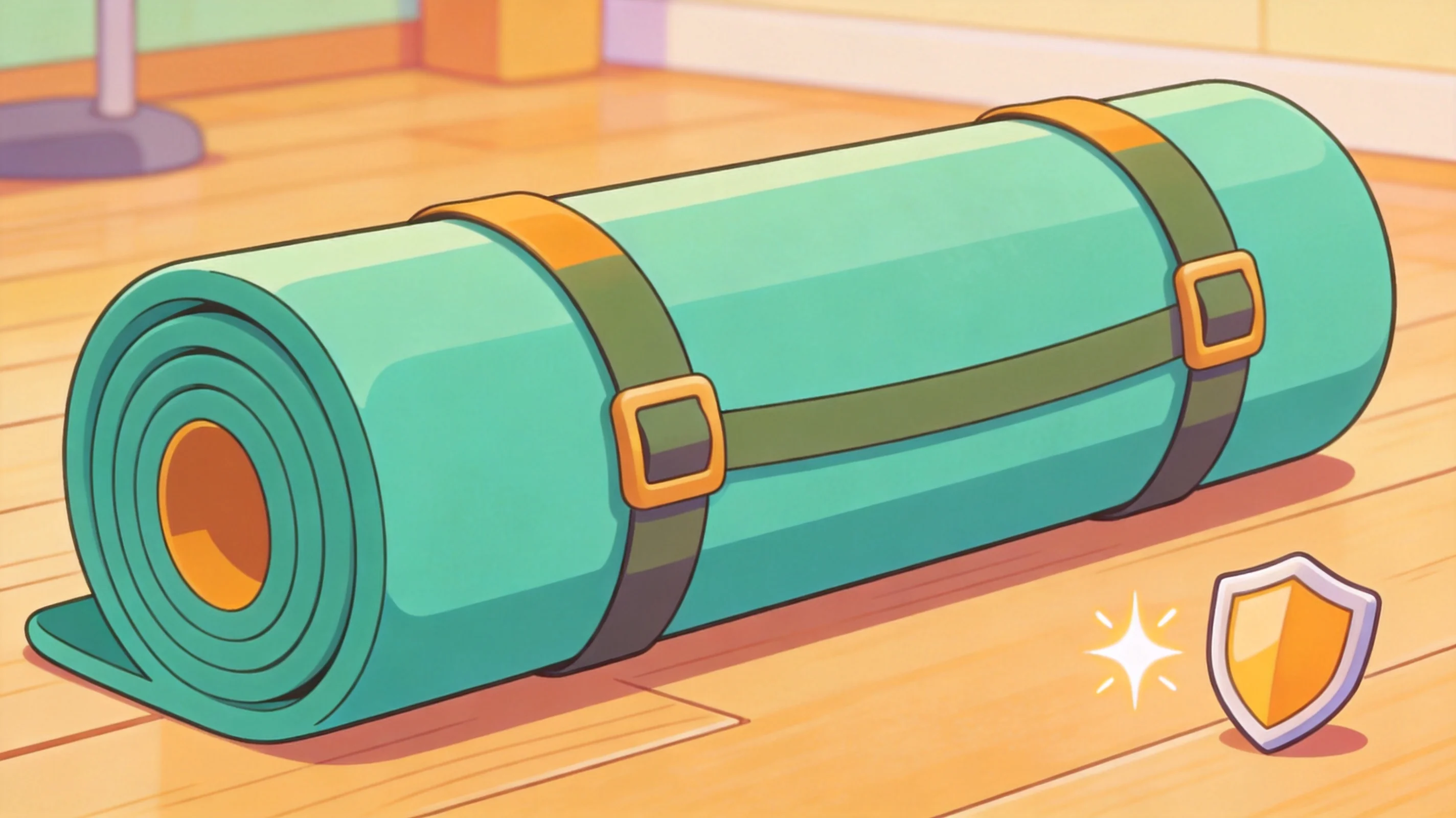 A large exercise mat neatly rolled and secured with a strap