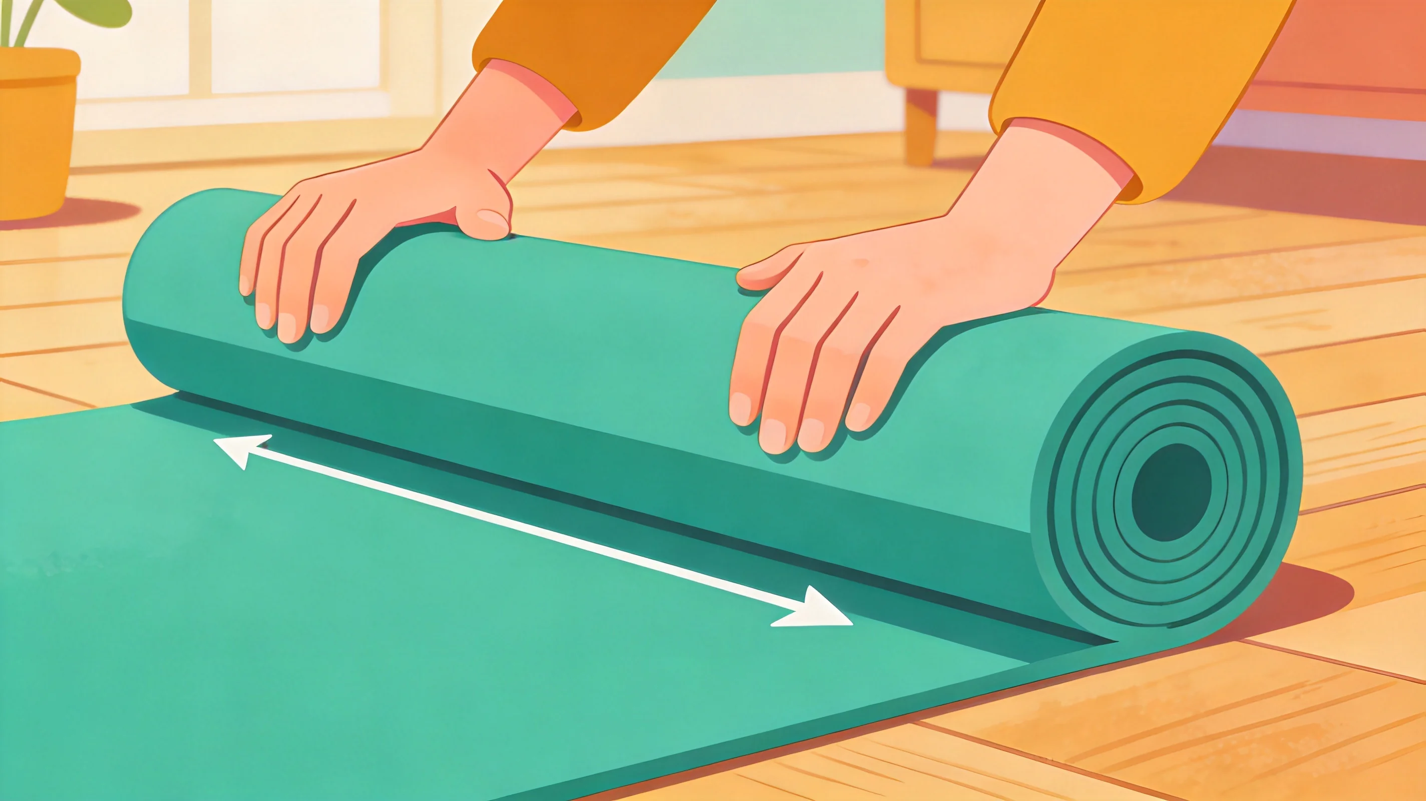 Un gros plan de mains enroulant un grand tapis avec une tension régulière