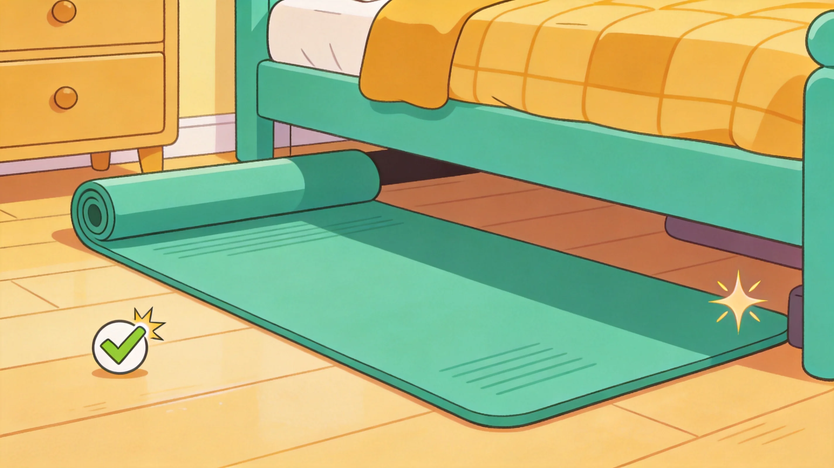 A large exercise mat stored flat and tidy under a bed