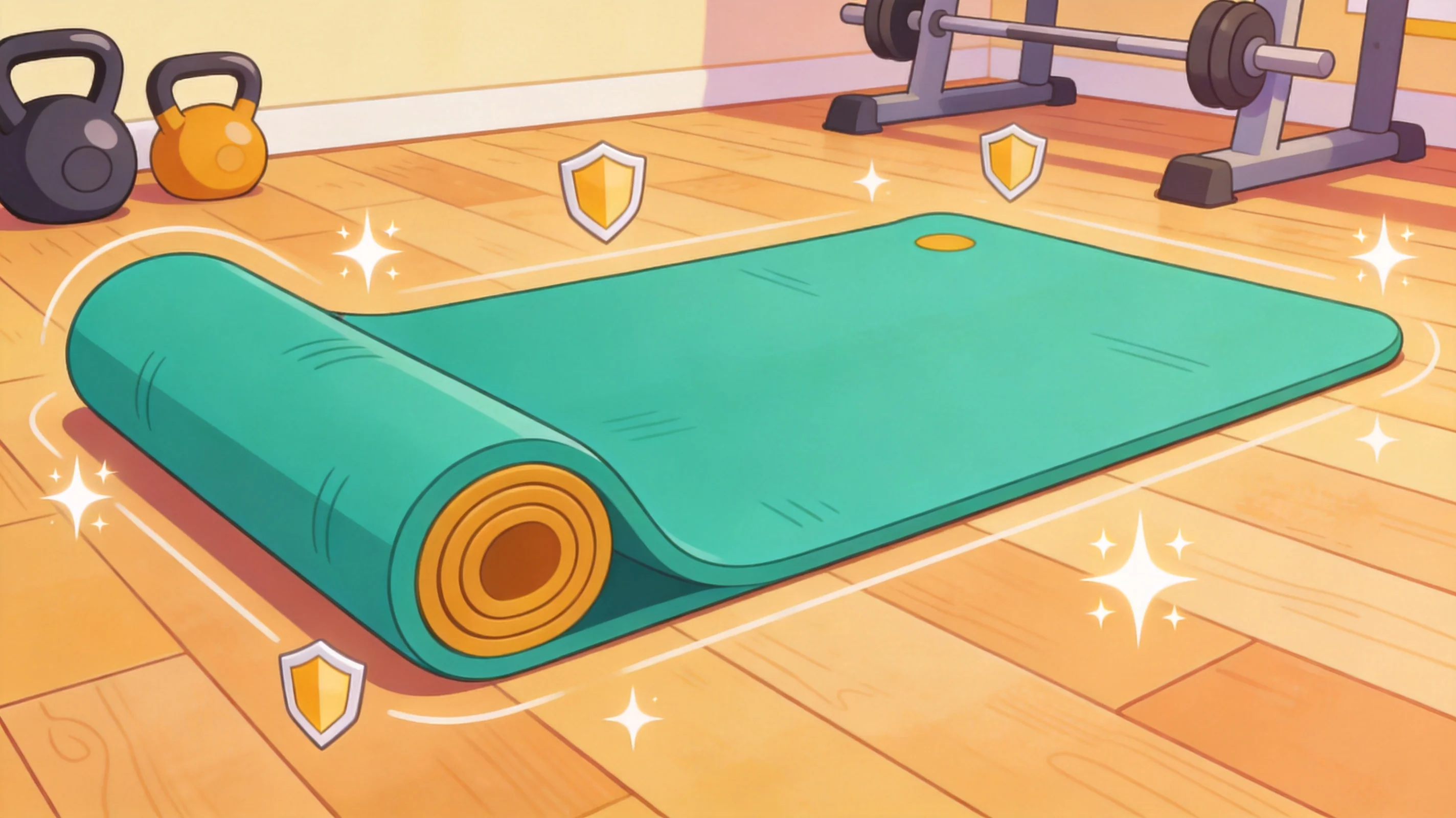 A thick large exercise mat cushioning a home workout floor