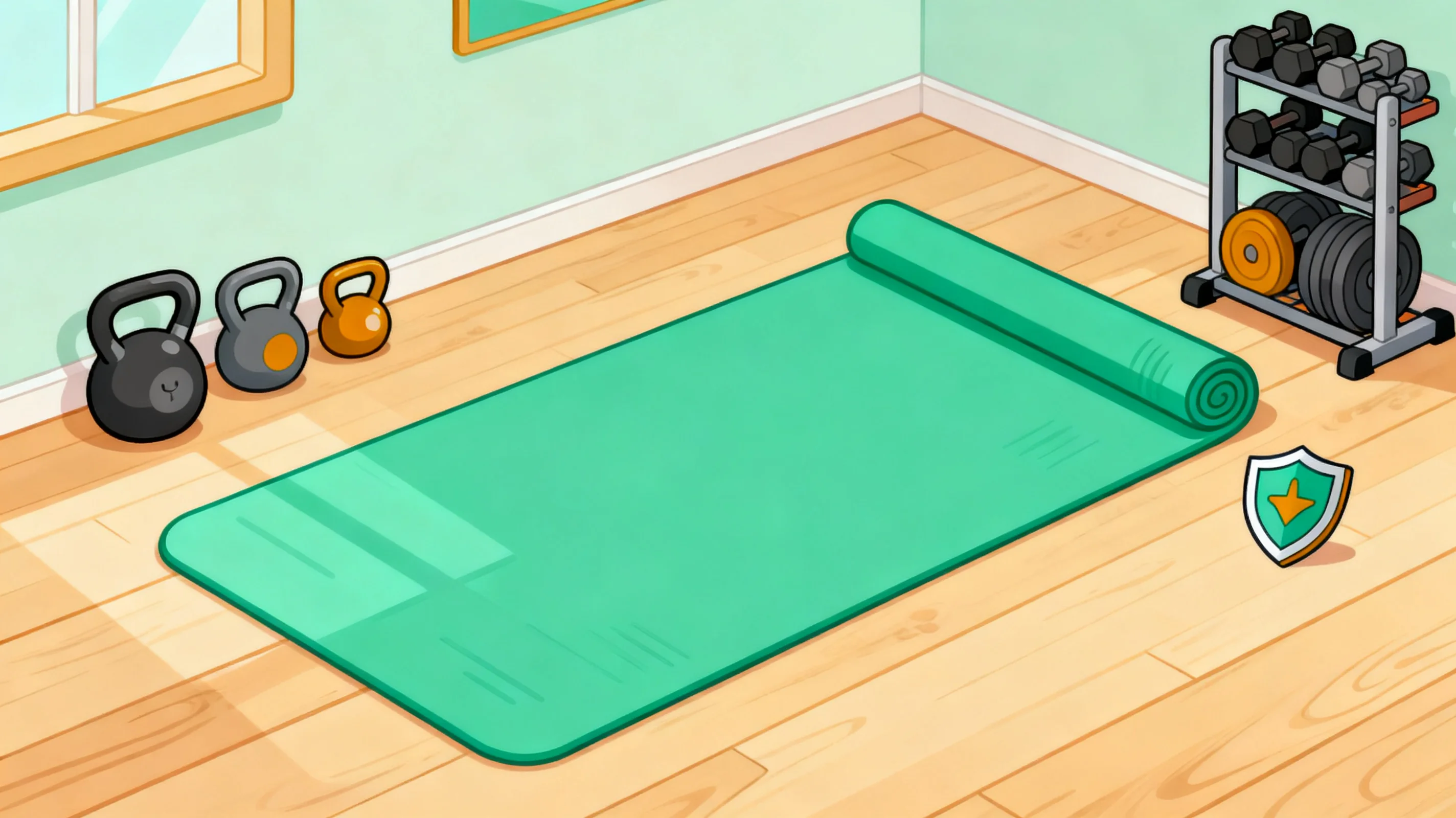 An extra large yoga mat covering a home gym workout area