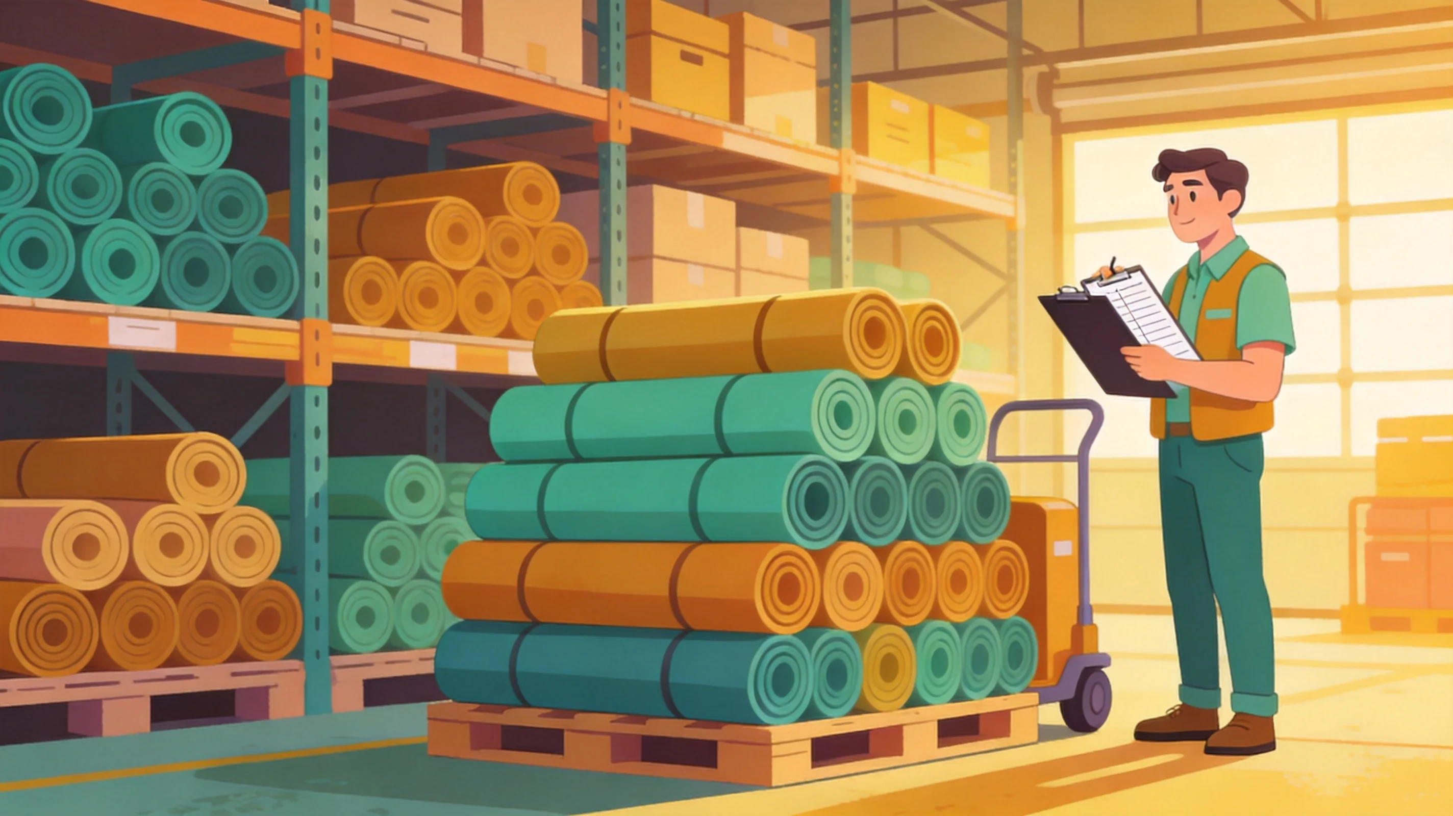 A warehouse with stacked yoga mats and a distributor managing stock