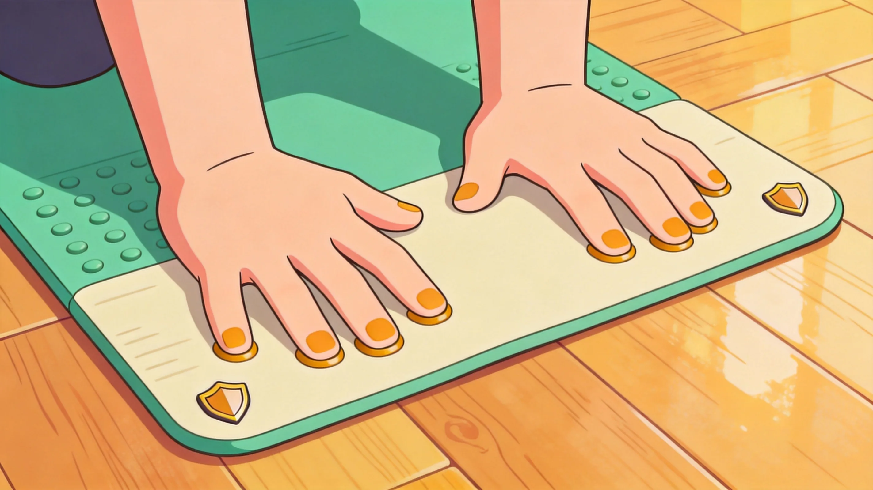 A person finding grip on a mat laid over a hardwood floor