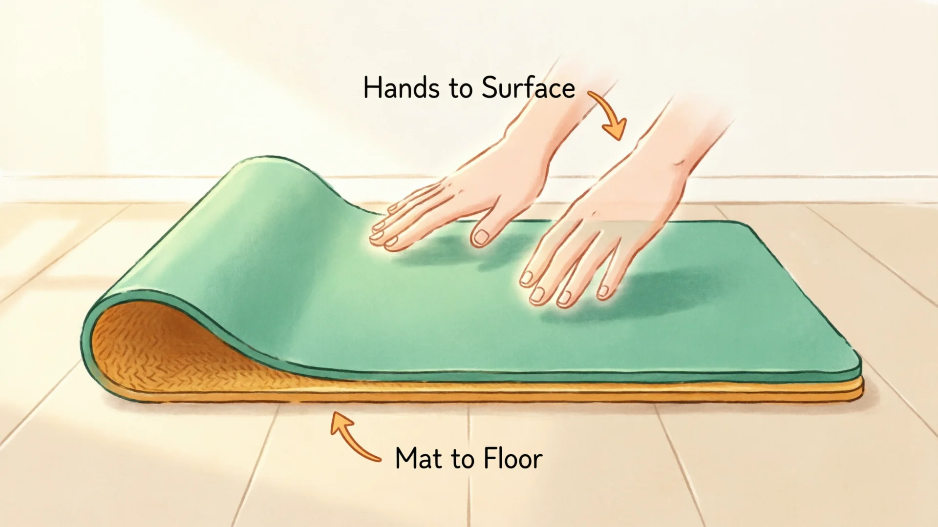 Schéma en coupe montrant les deux interfaces d'adhérence d'un tapis au sol