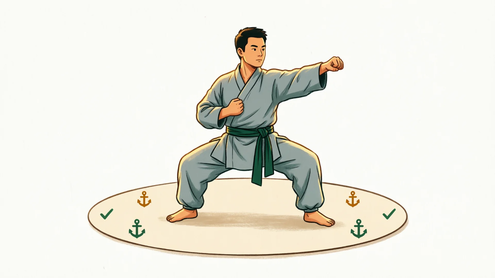 A practitioner holding a stable balance pose mid-flow with small grip icons