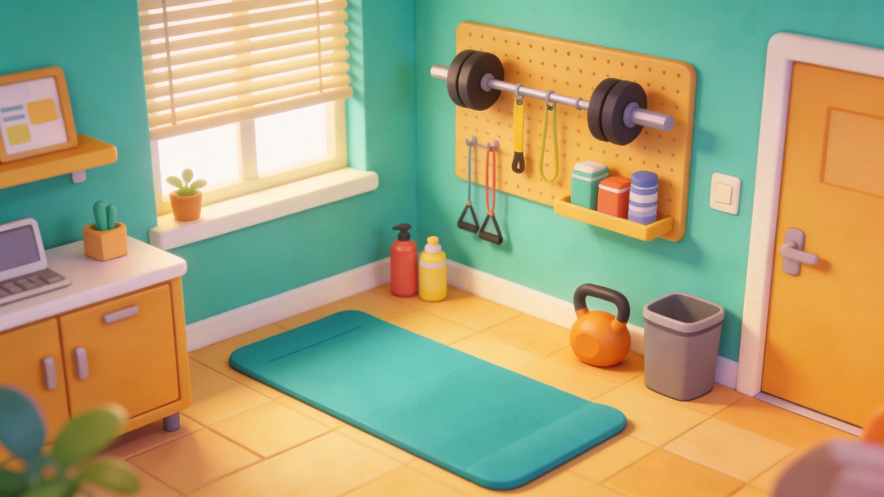 Cartoon-Illustration einer kompakten B眉rogym-Ecke mit einer Matte, kleiner Ausr眉stung und Zubeh枚r, ordentlich in einem Pausenraum angeordnet