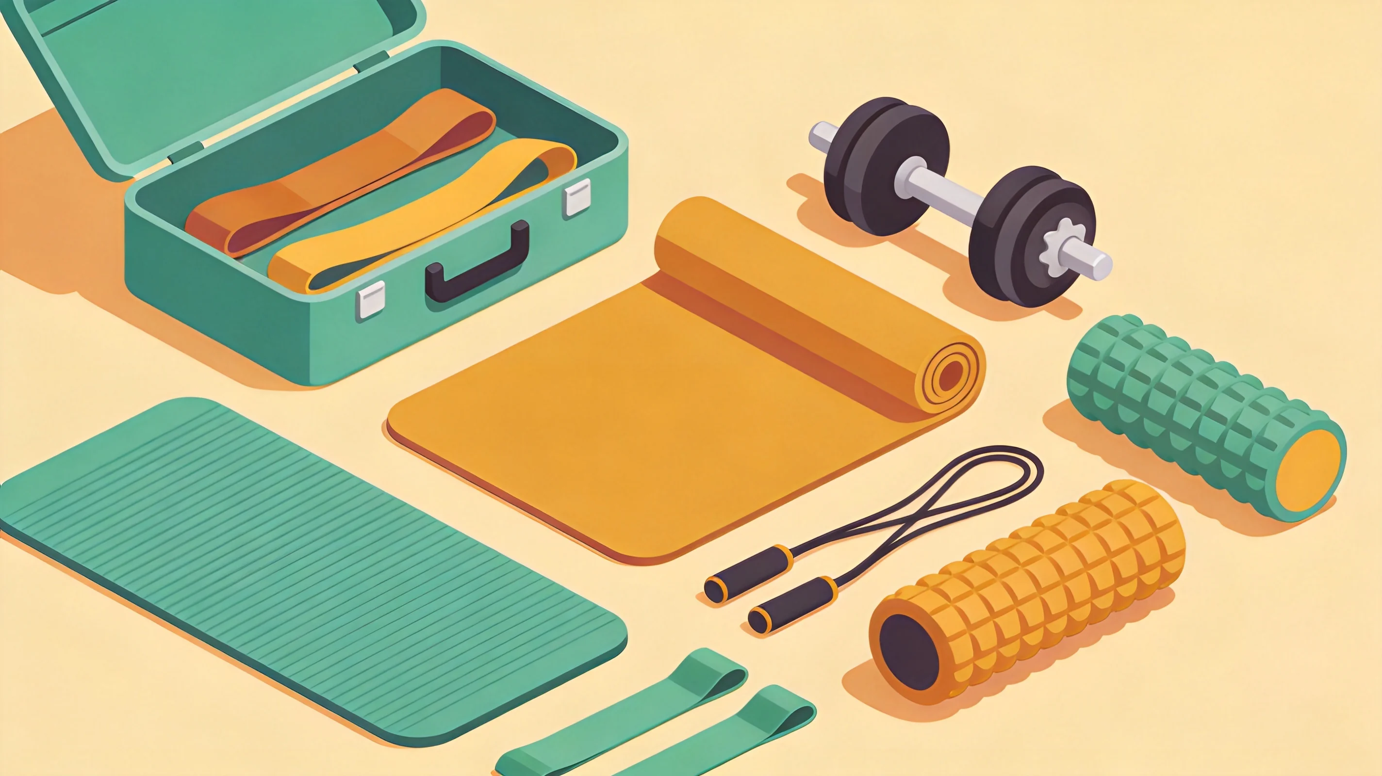 Cartoon-Illustration eines ausgebreiteten B眉rogym-Sets mit Matten, Kurzhanteln, Widerstandsb盲ndern und Faszienrollen