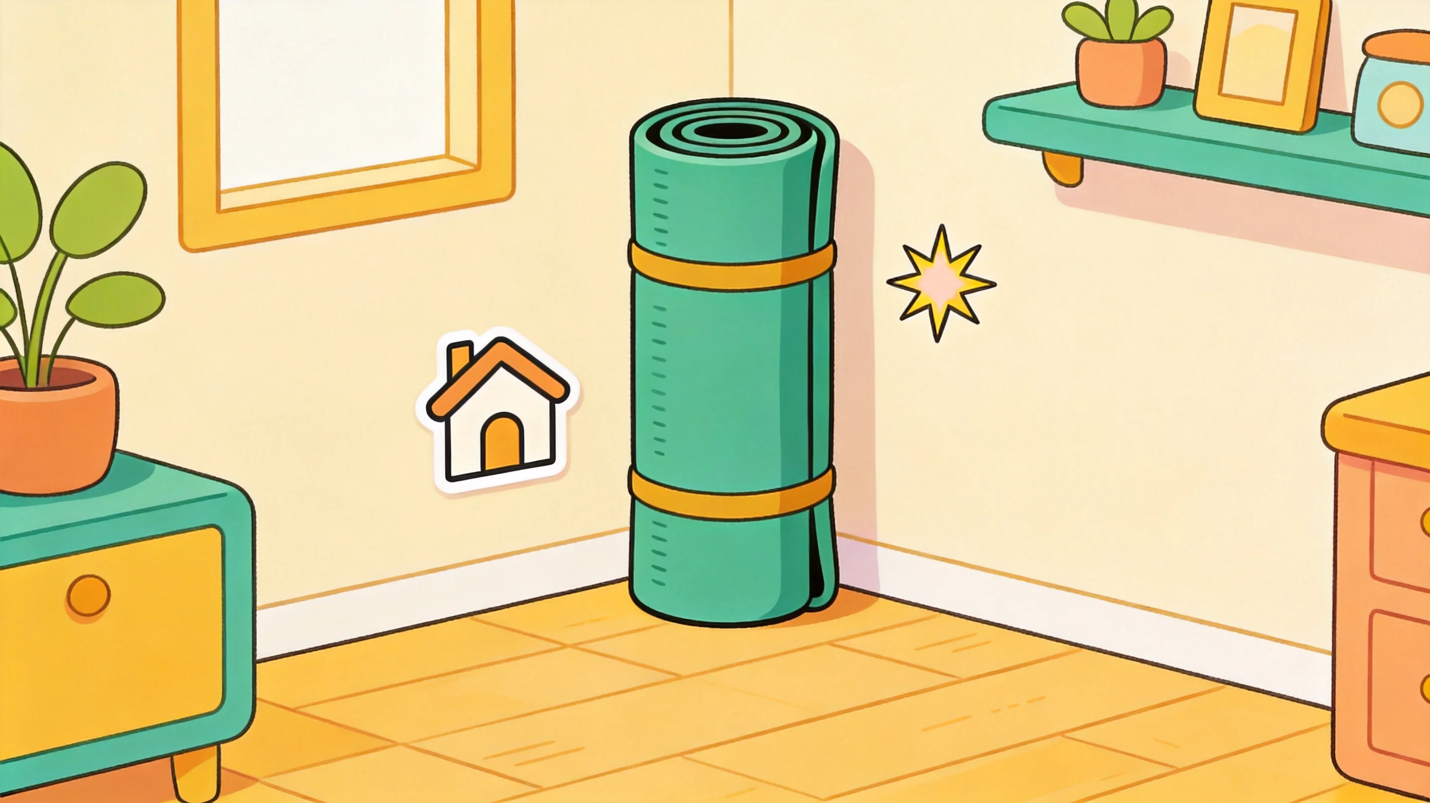 A rolled oversized mat on a home floor with plenty of room