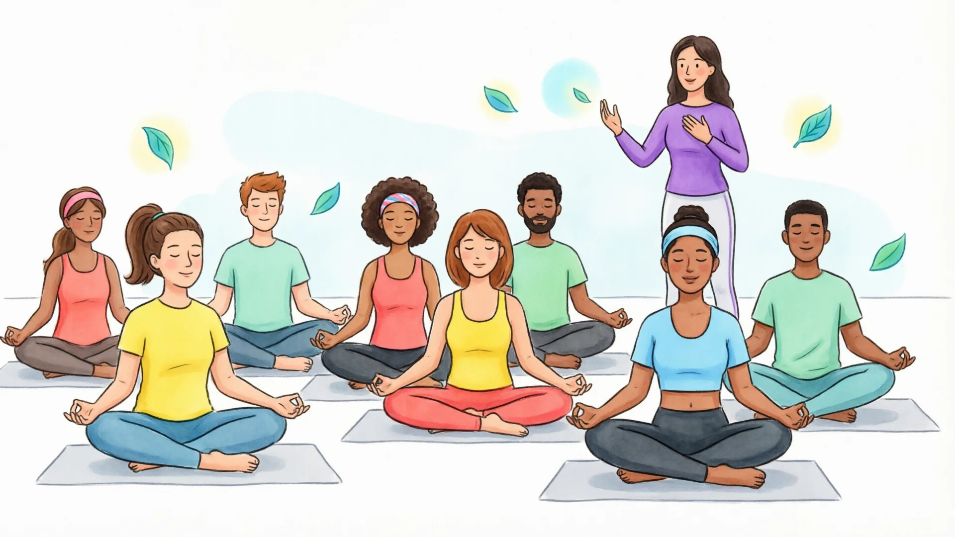 Yoga class breathwork session with students in seated position