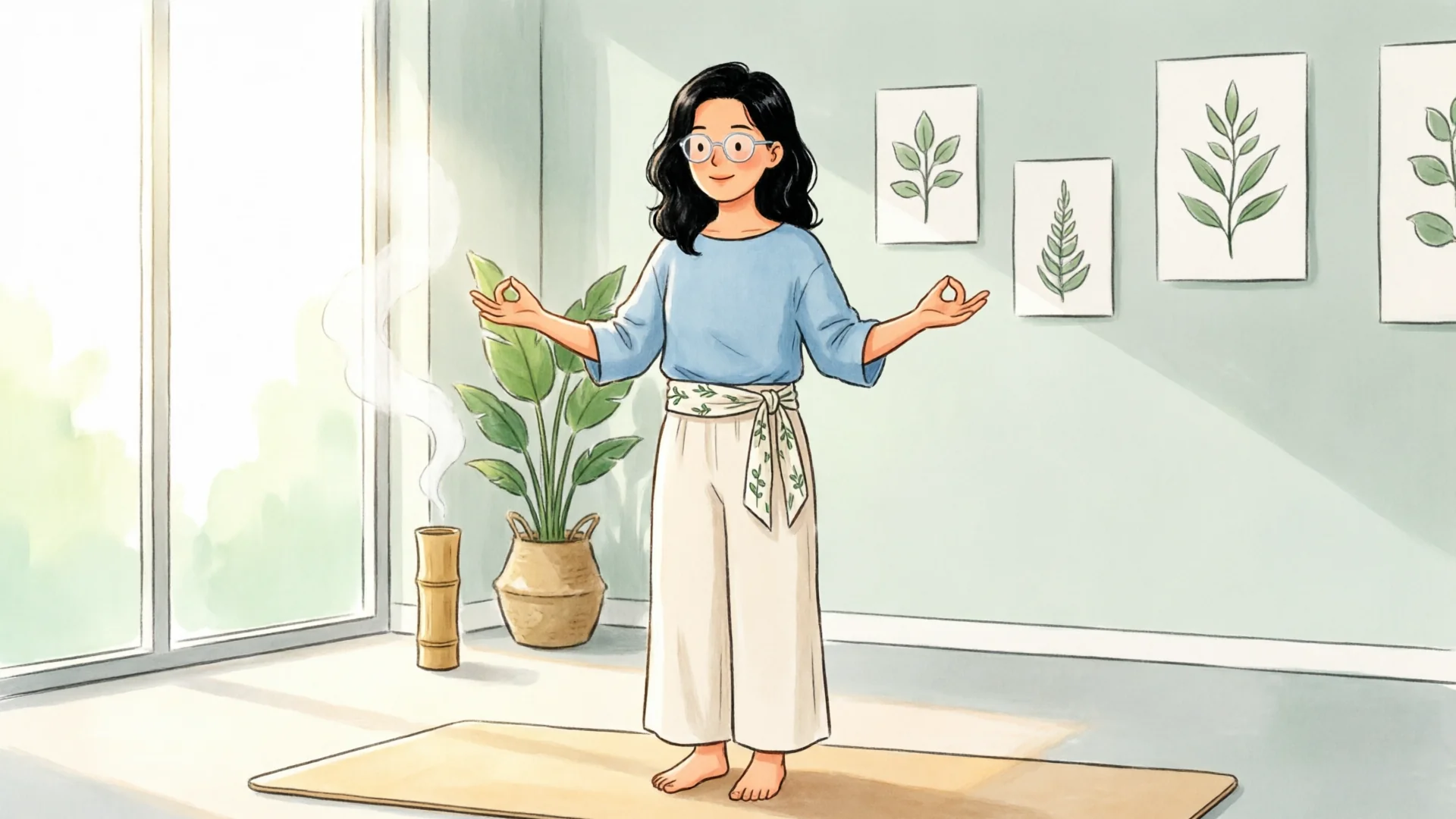 Teacher guiding breathwork in a calm yoga studio setting