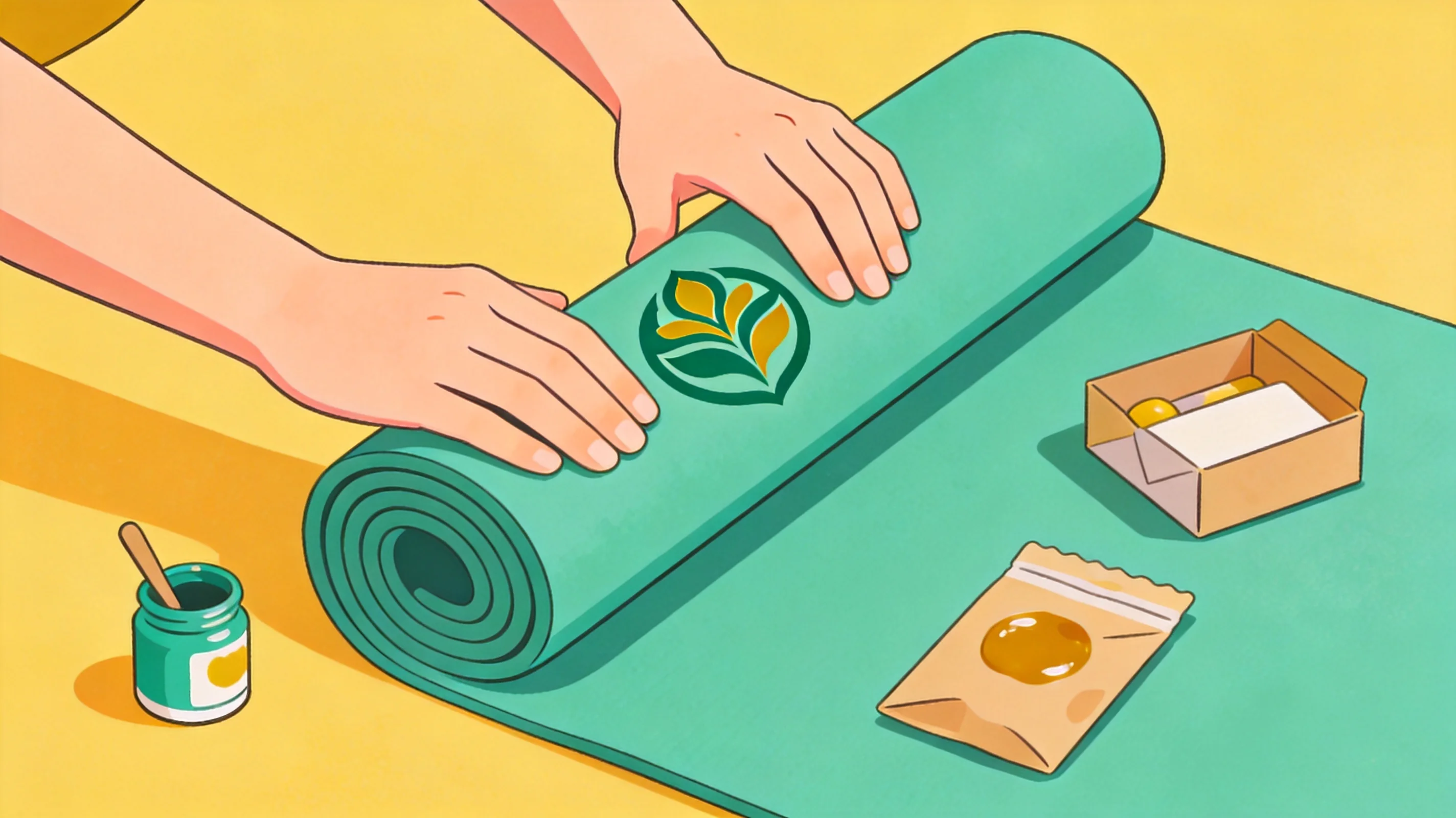 A reseller's hands placing their own logo on a rolled mat