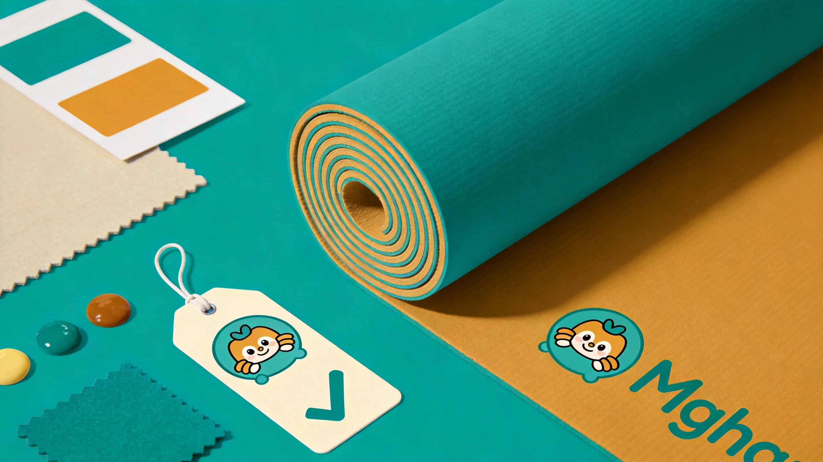 A close-up of a branded mat with material samples and a logo