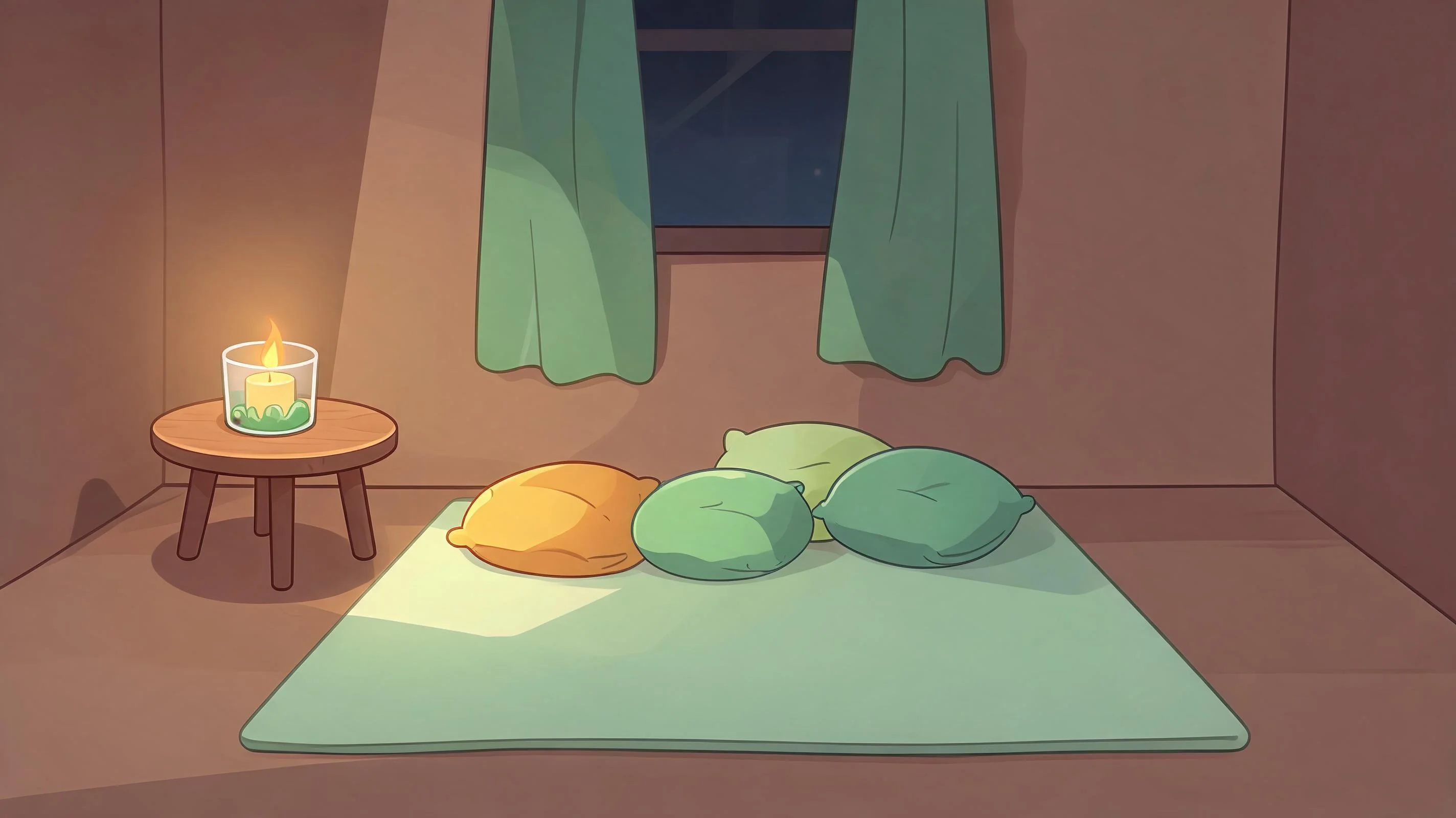 A dim cozy room with a candle, a large mat and soft pillows ready for evening practice