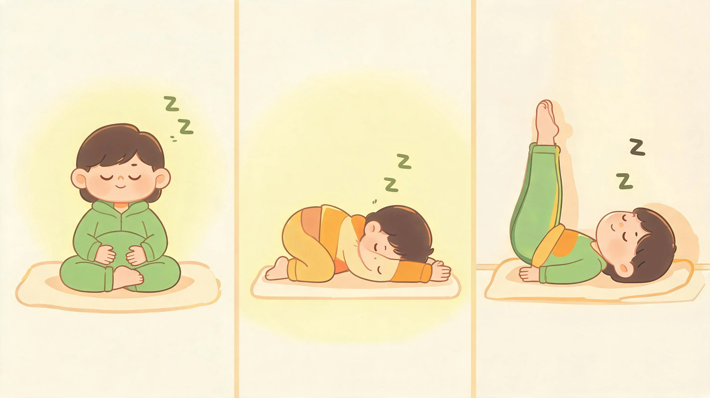 Illustrated sequence of gentle bedtime poses: seated breath, child's pose and legs up the wall