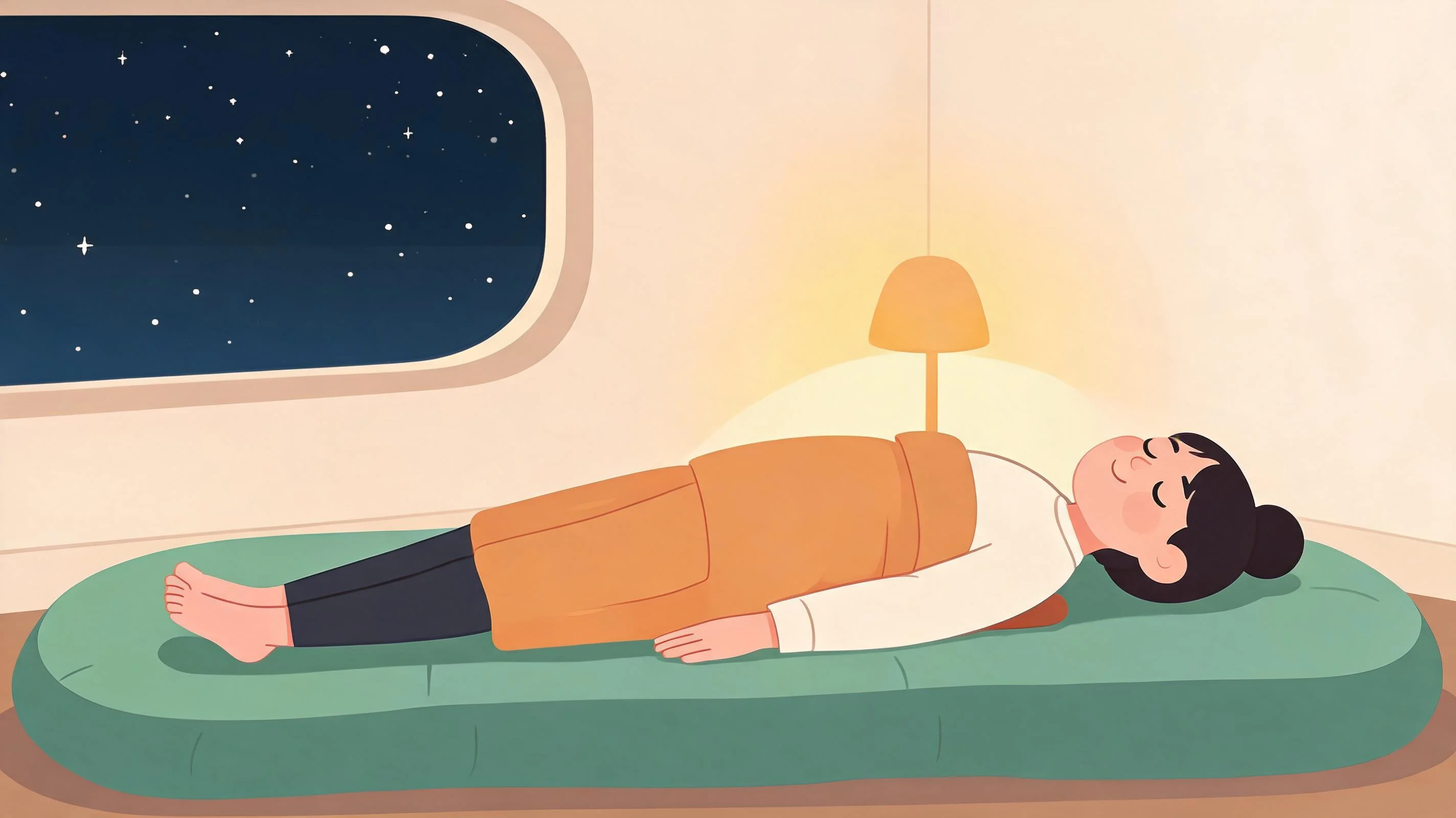 A person resting peacefully in savasana on a large cushioned mat with a folded blanket