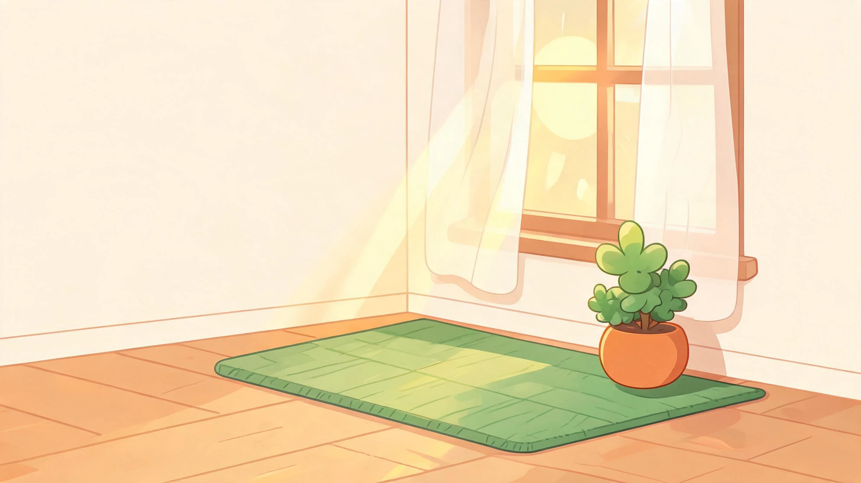 A cozy small corner with an unrolled mat by a bright window and a small plant