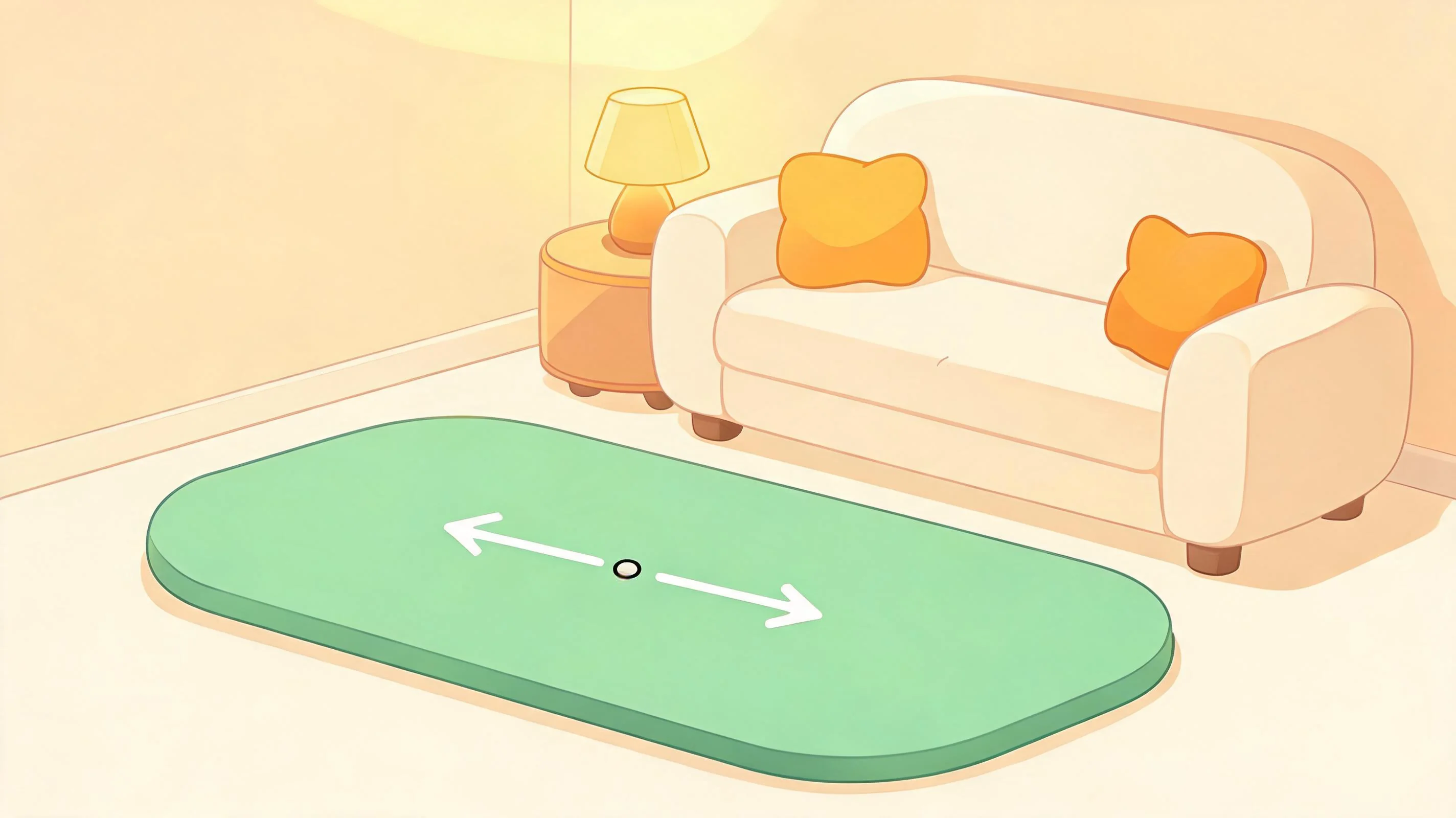 Eine große Matte definiert eine Praxiszone neben einem Sofa im kompakten Wohnzimmer
